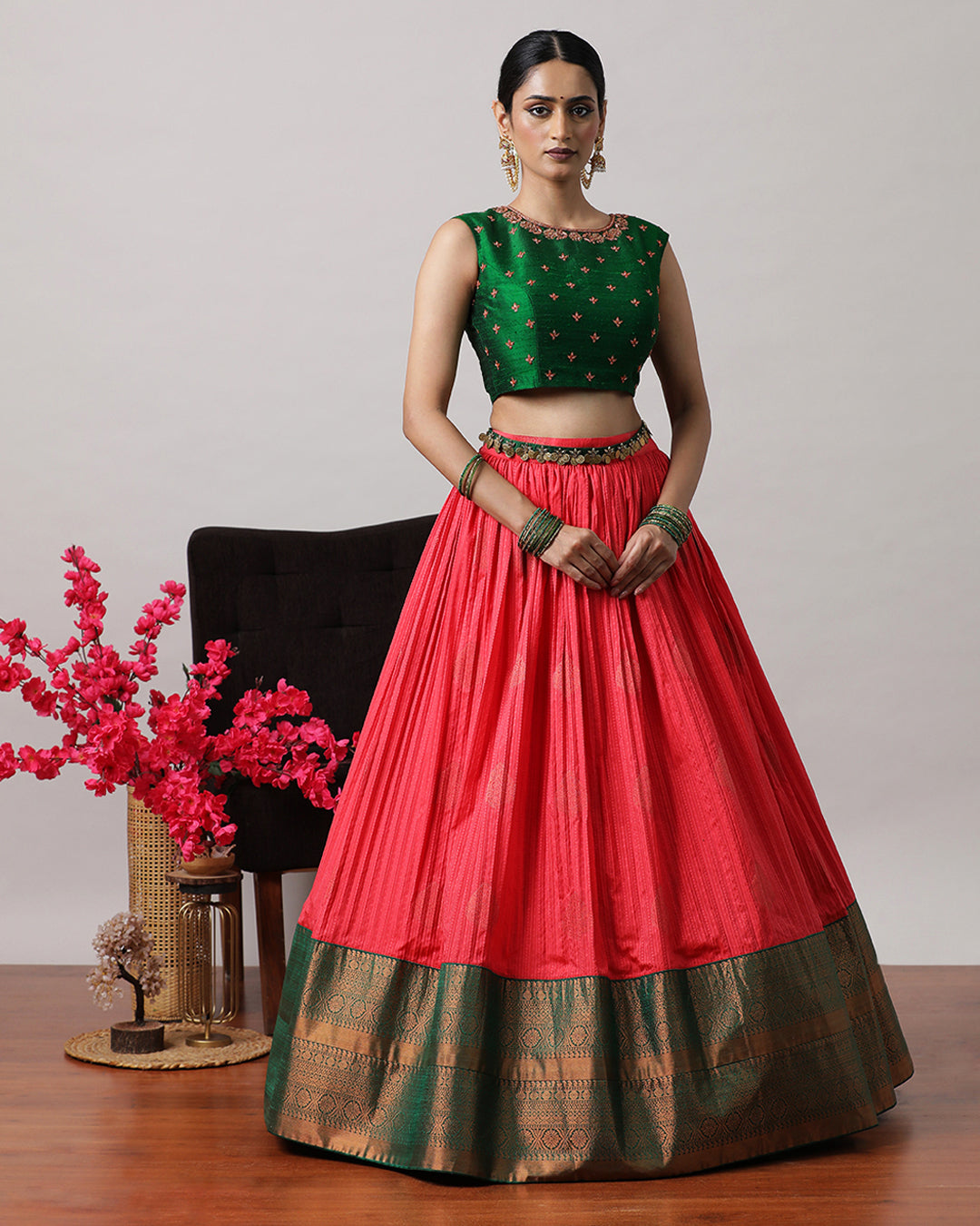 Rose Pink & Green Pre-Draped Lehenga Set