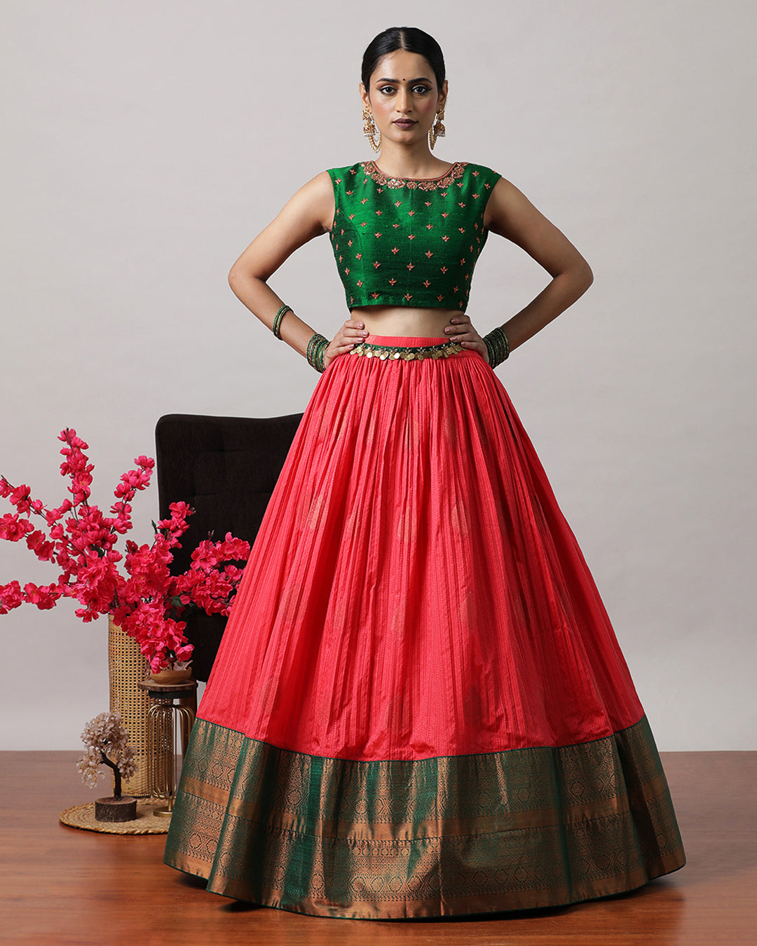 Rose Pink & Green Pre-Draped Lehenga Set