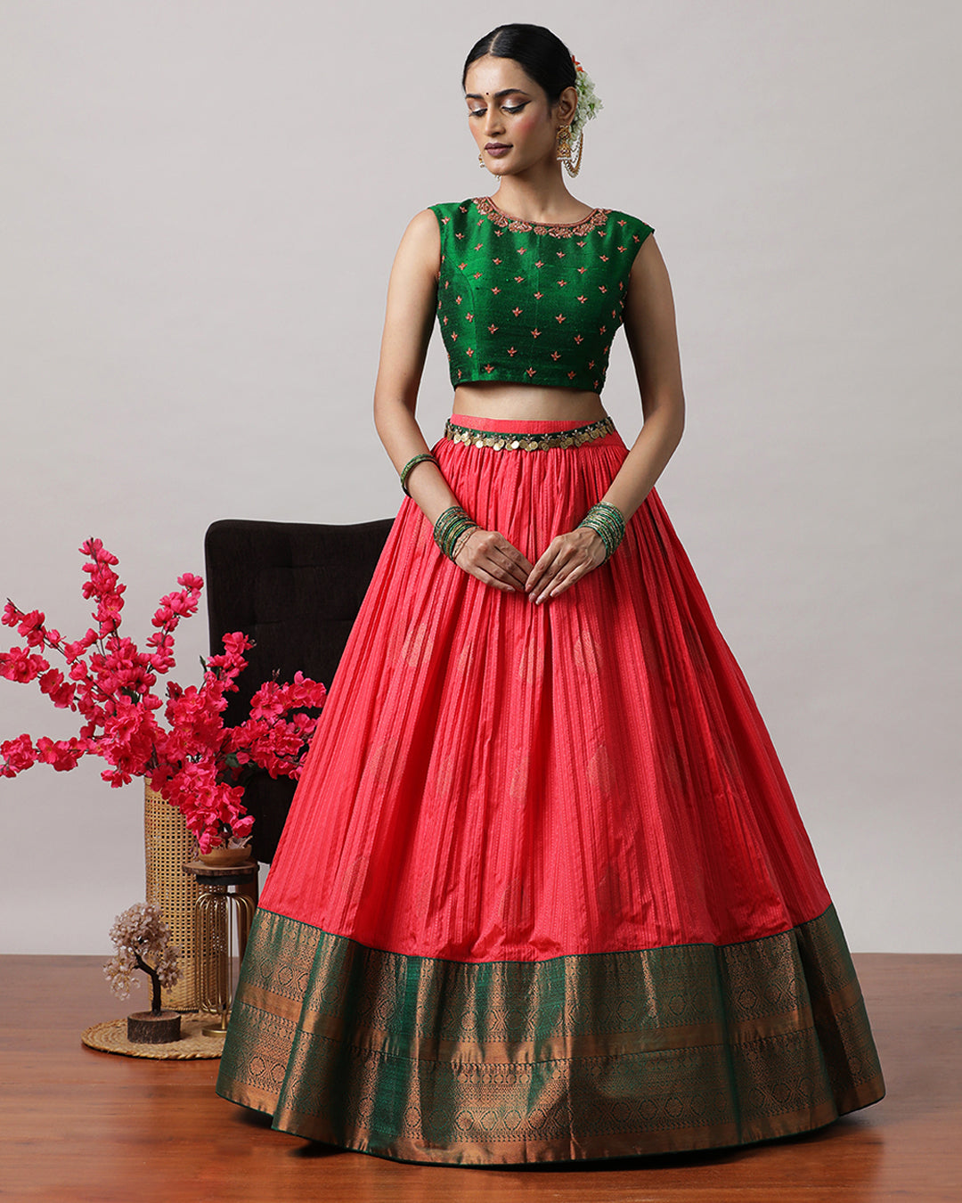 Rose Pink & Green Pre-Draped Lehenga Set