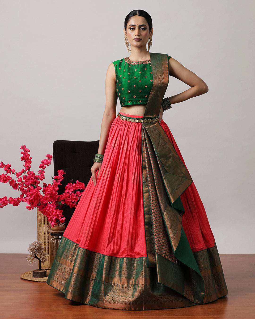 Rose Pink & Green Pre-Draped Lehenga Set