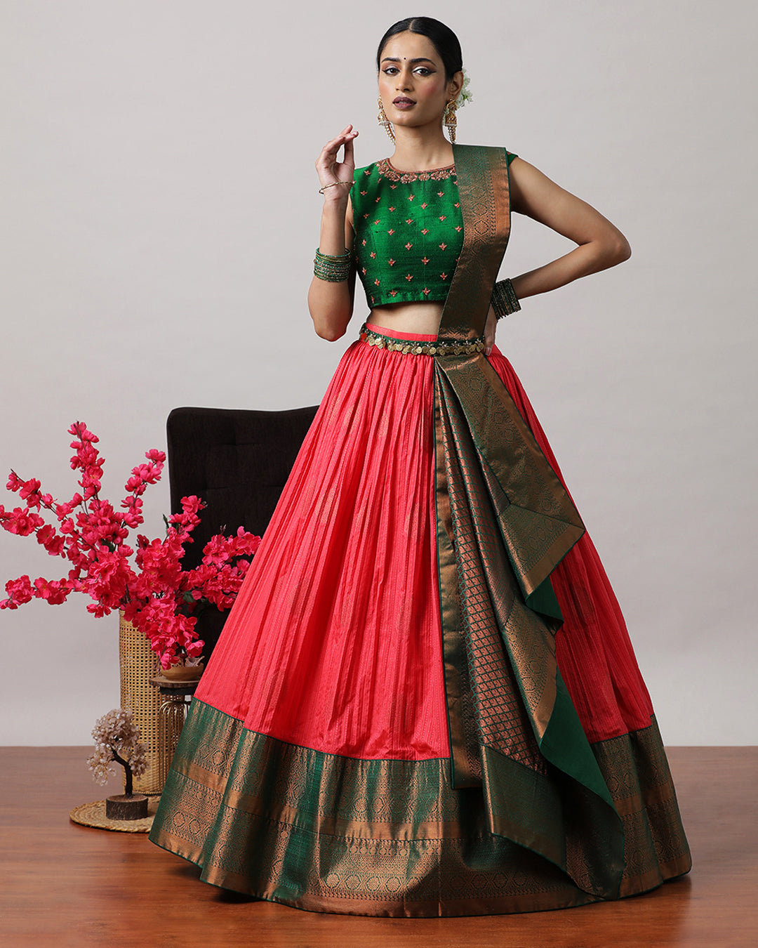 Rose Pink & Green Pre-Draped Lehenga Set