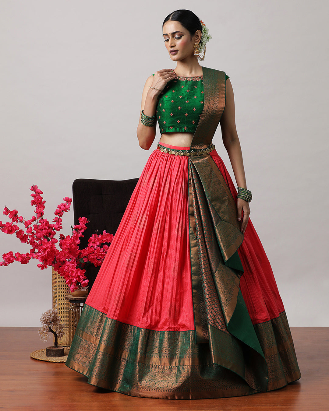 Rose Pink & Green Pre-Draped Lehenga Set