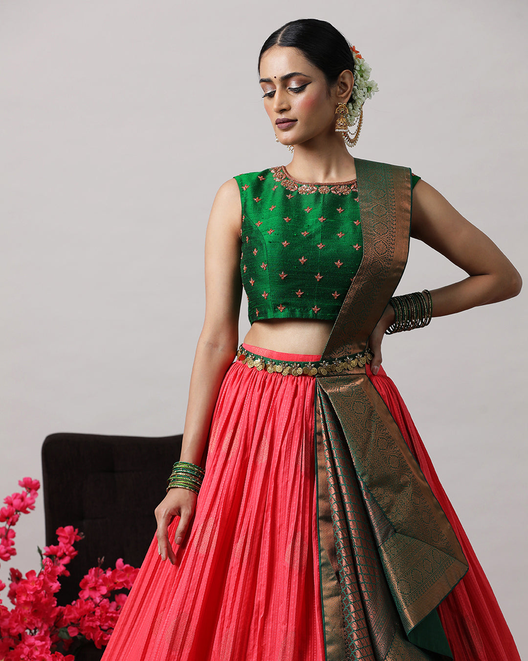 Rose Pink & Green Pre-Draped Lehenga Set