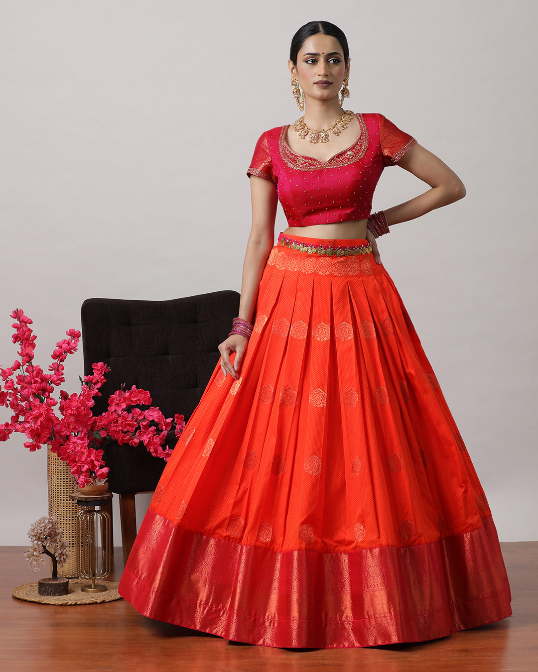 Orangish Red & Pink Pre-Draped Lehanga Set