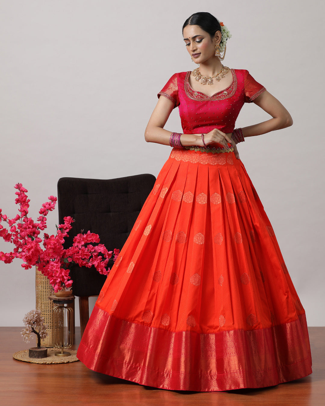 Orangish Red & Pink Pre-Draped Lehanga Set