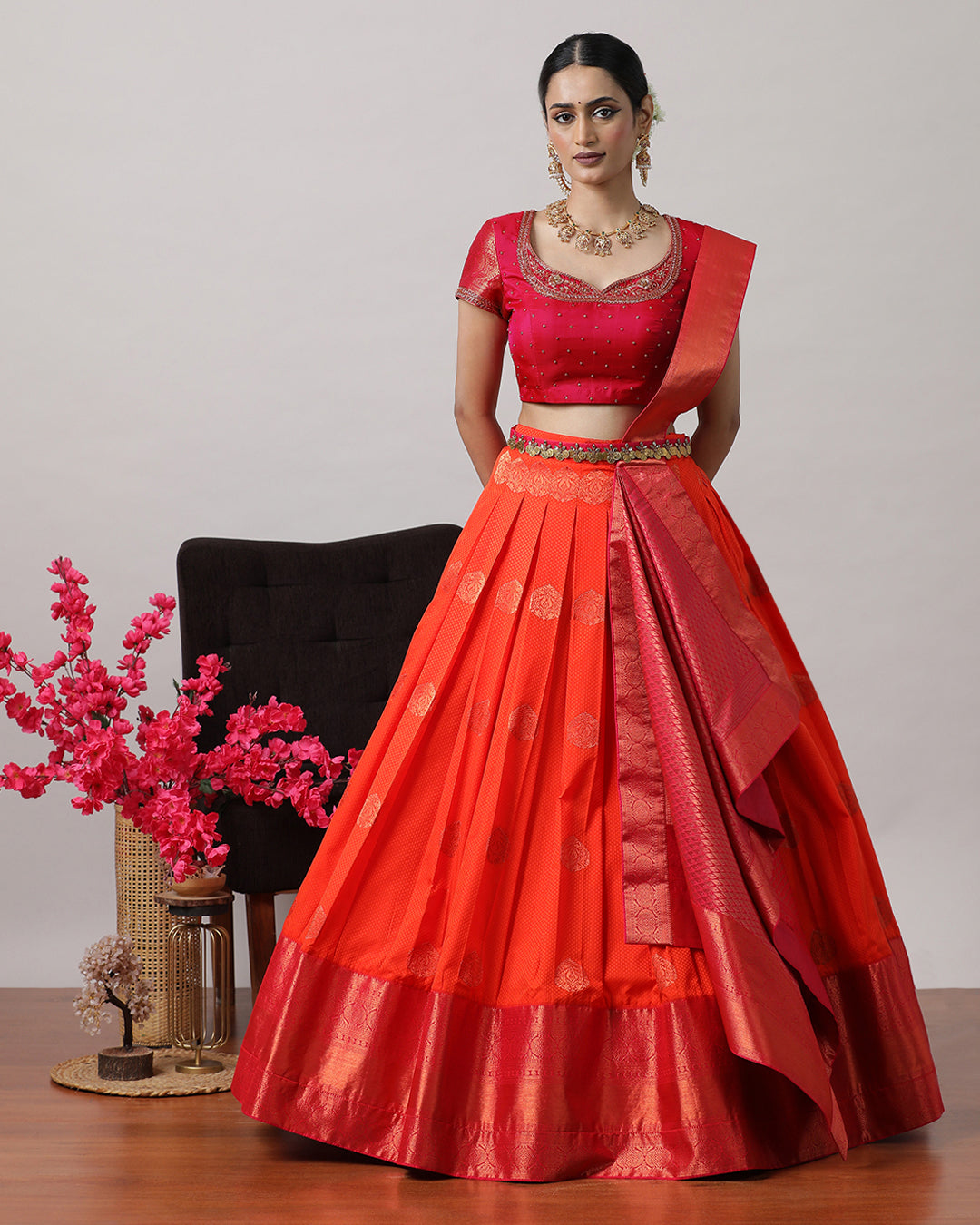 Orangish Red & Pink Pre-Draped Lehanga Set