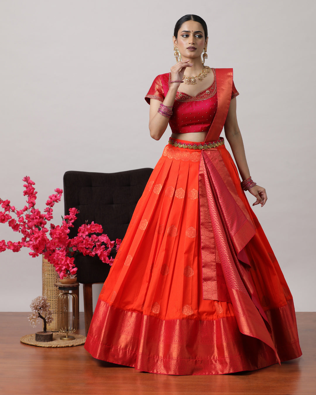 Orangish Red & Pink Pre-Draped Lehanga Set