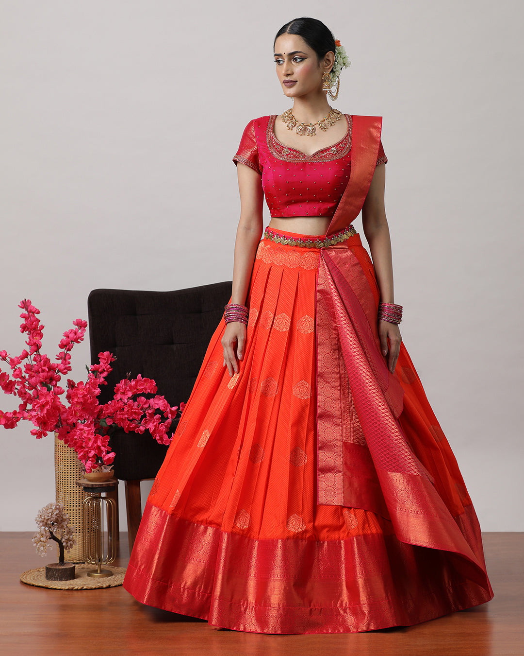 Orangish Red & Pink Pre-Draped Lehanga Set