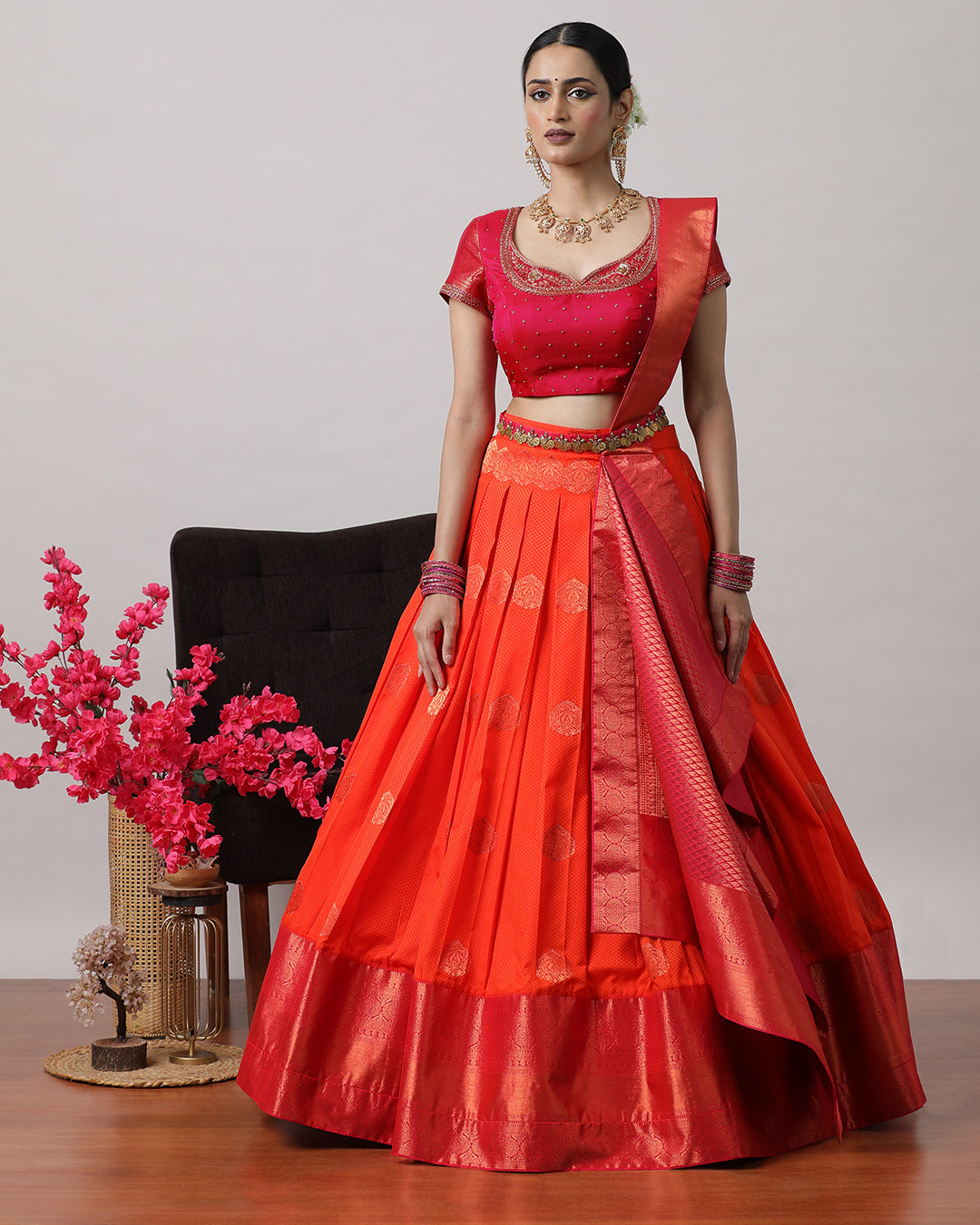 Orangish Red & Pink Pre-Draped Lehanga Set
