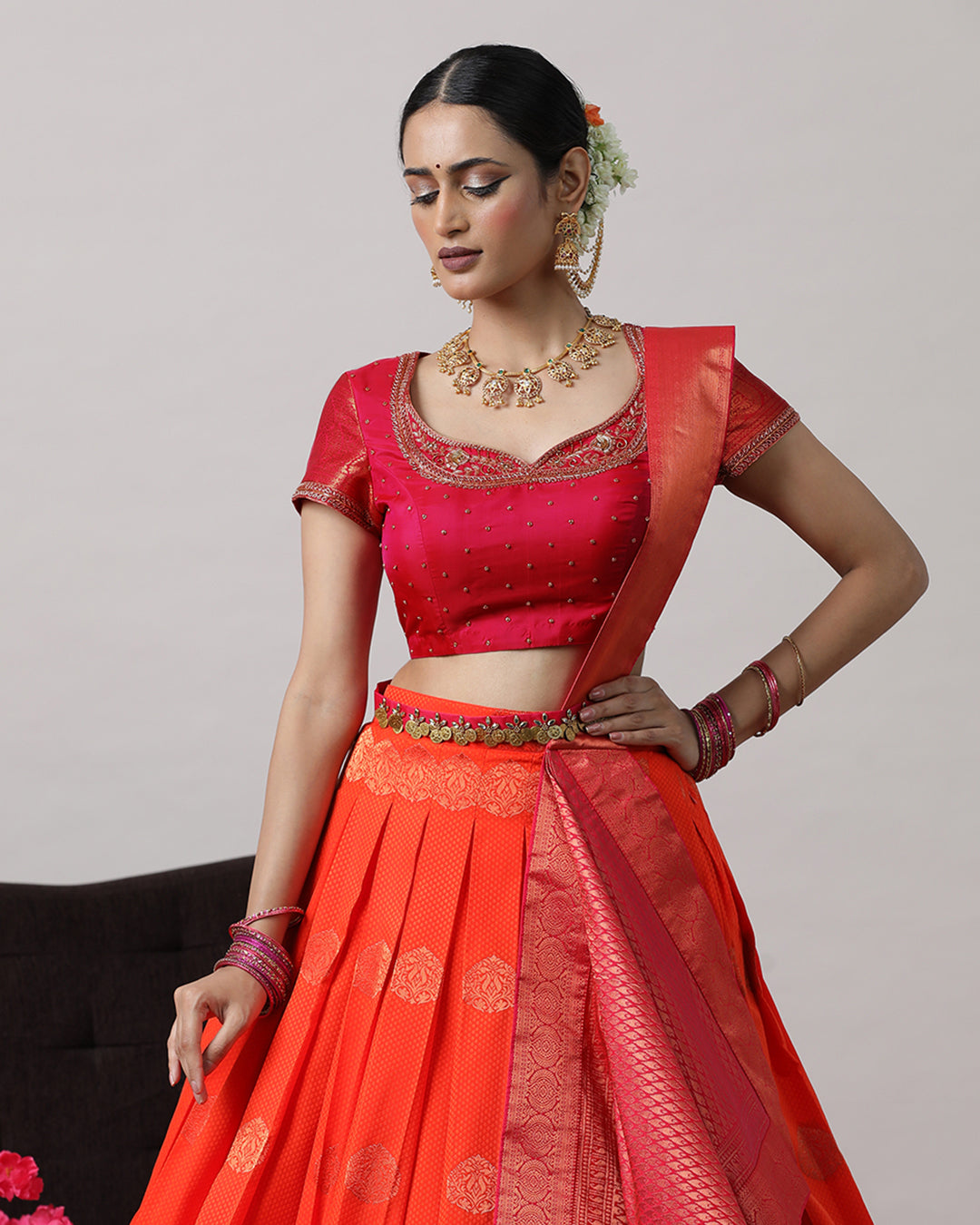Orangish Red & Pink Pre-Draped Lehanga Set