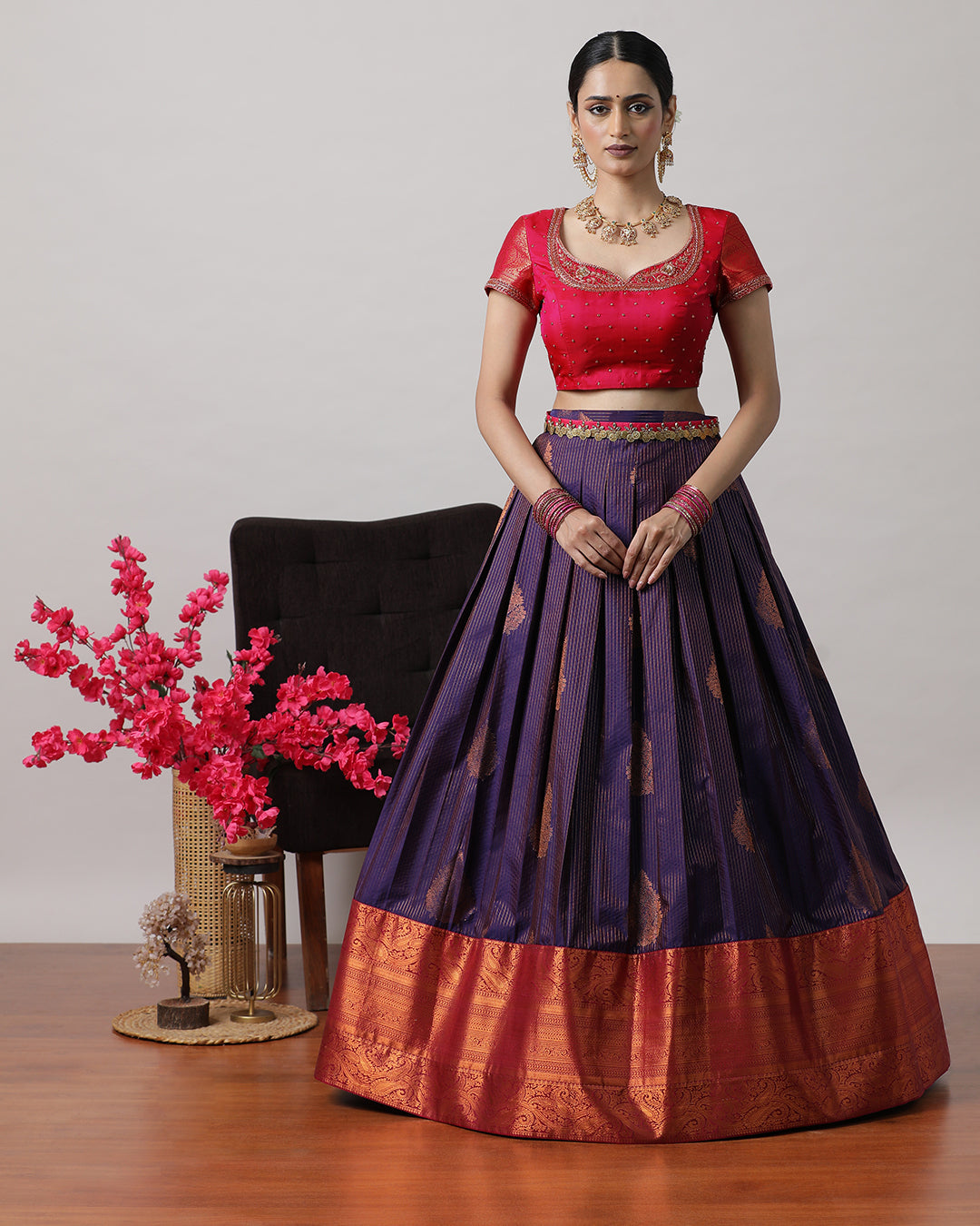 Purple & Pink Pre-Draped Lehenga Set
