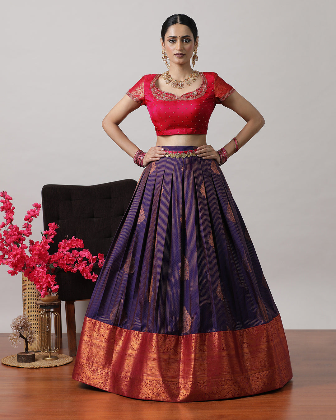 Purple & Pink Pre-Draped Lehenga Set