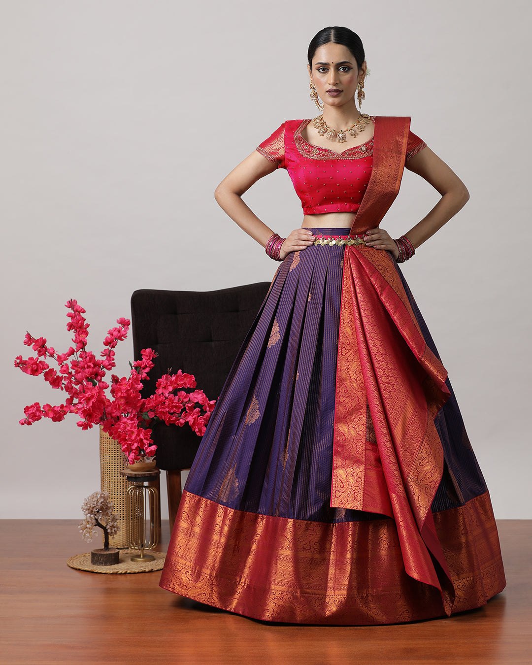 Purple & Pink Pre-Draped Lehenga Set