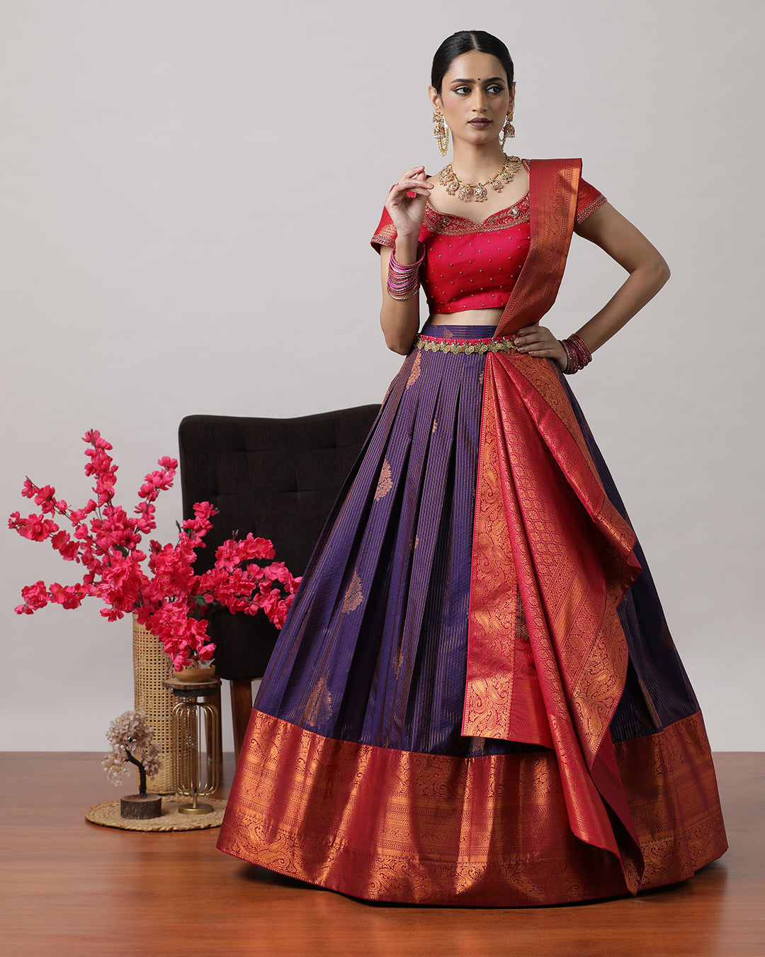 Purple & Pink Pre-Draped Lehenga Set