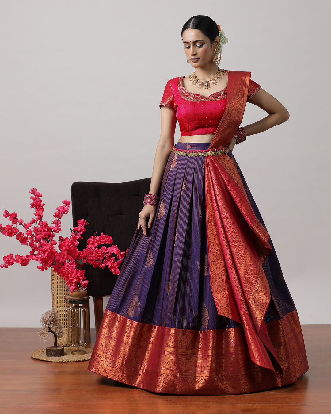 Purple & Pink Pre-Draped Lehenga Set