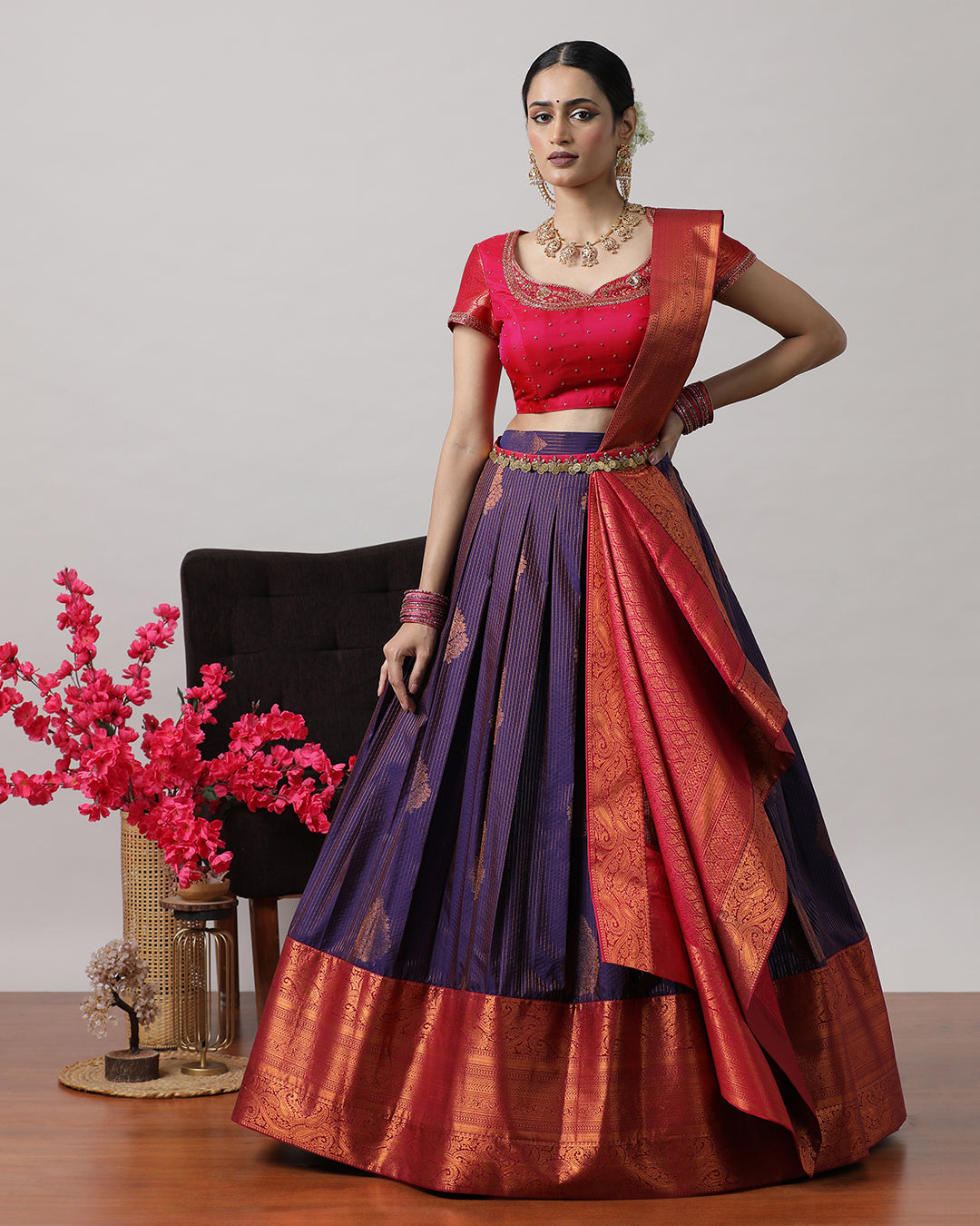 Purple & Pink Pre-Draped Lehenga Set