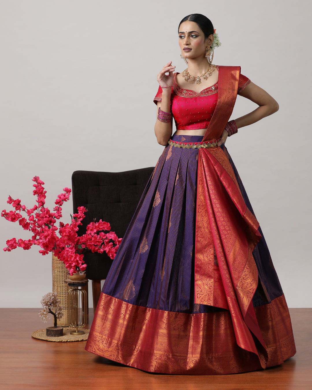 Purple & Pink Pre-Draped Lehenga Set