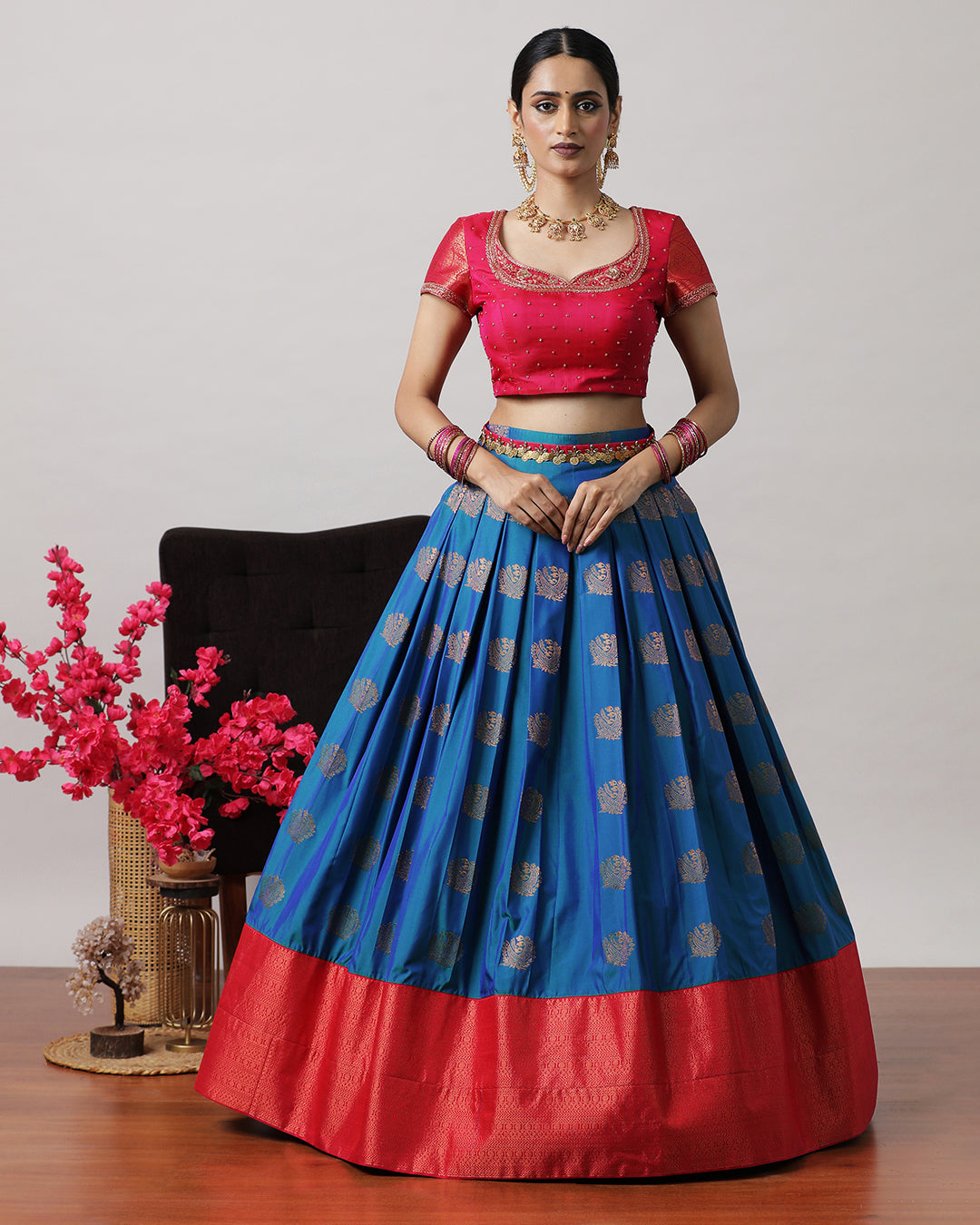 Navy Blue & Pink Pre-Draped Lehenga Set