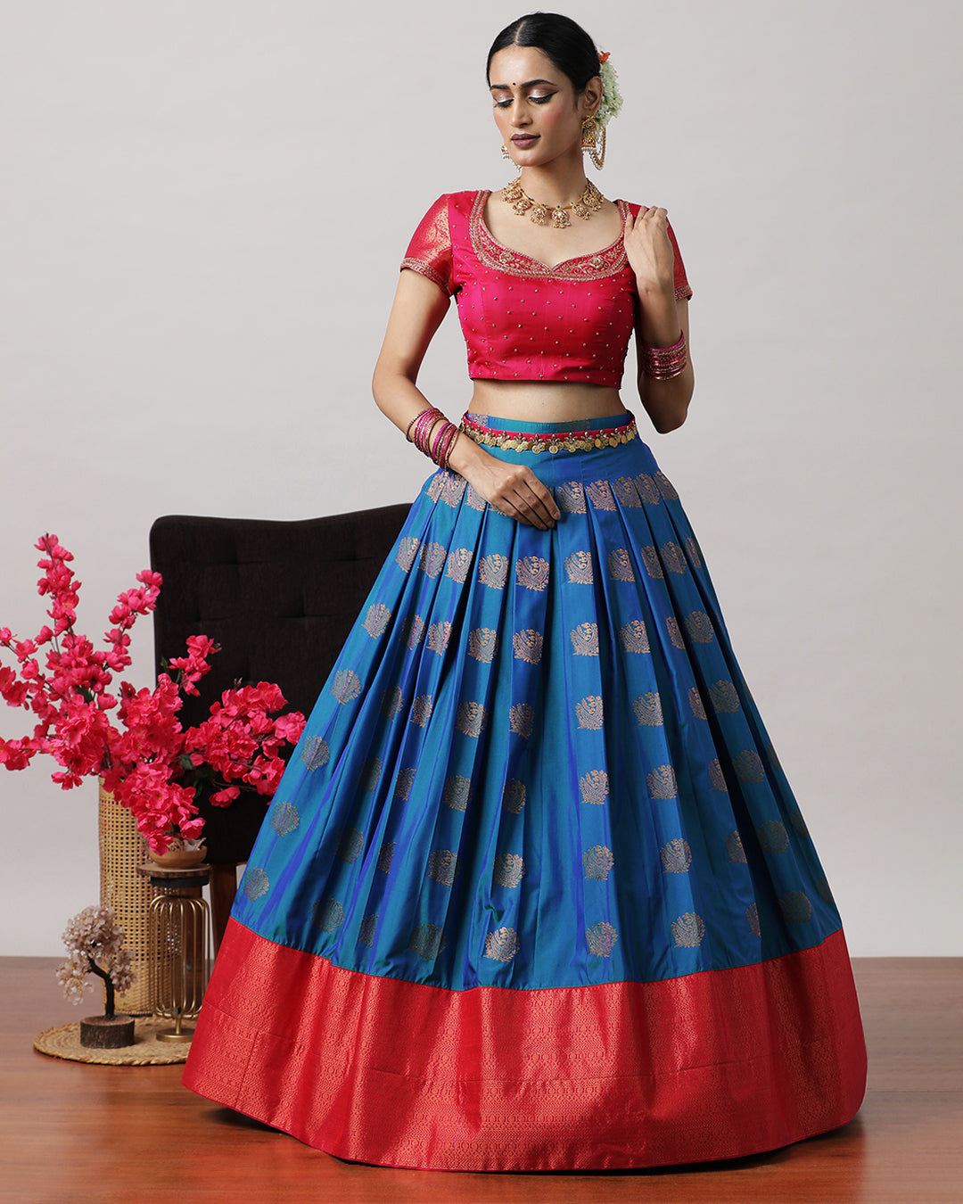 Navy Blue & Pink Pre-Draped Lehenga Set