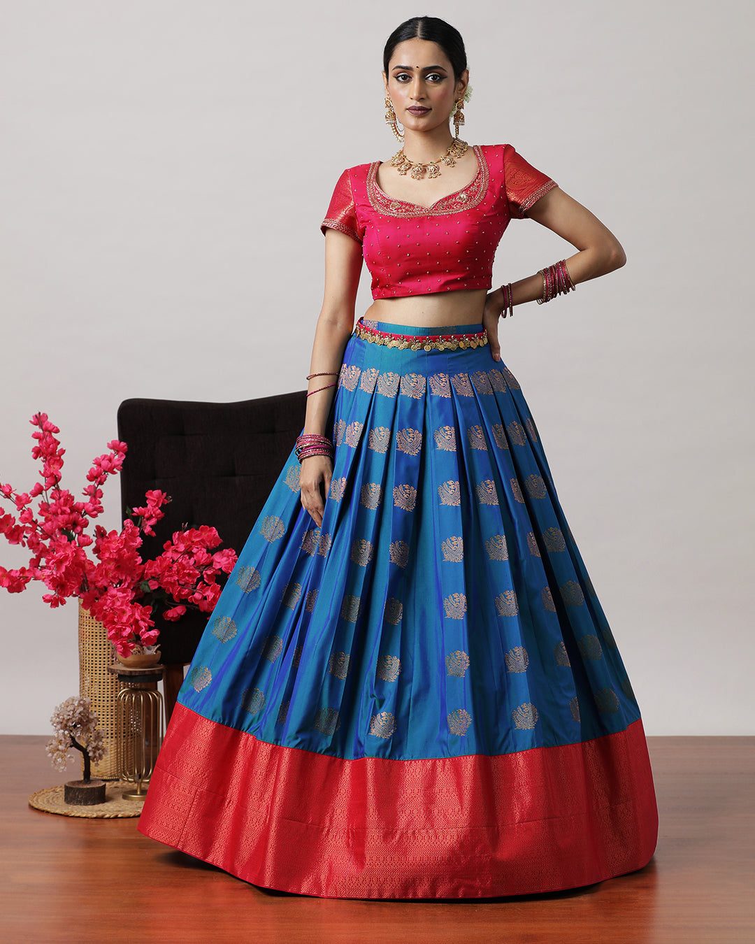 Navy Blue & Pink Pre-Draped Lehenga Set