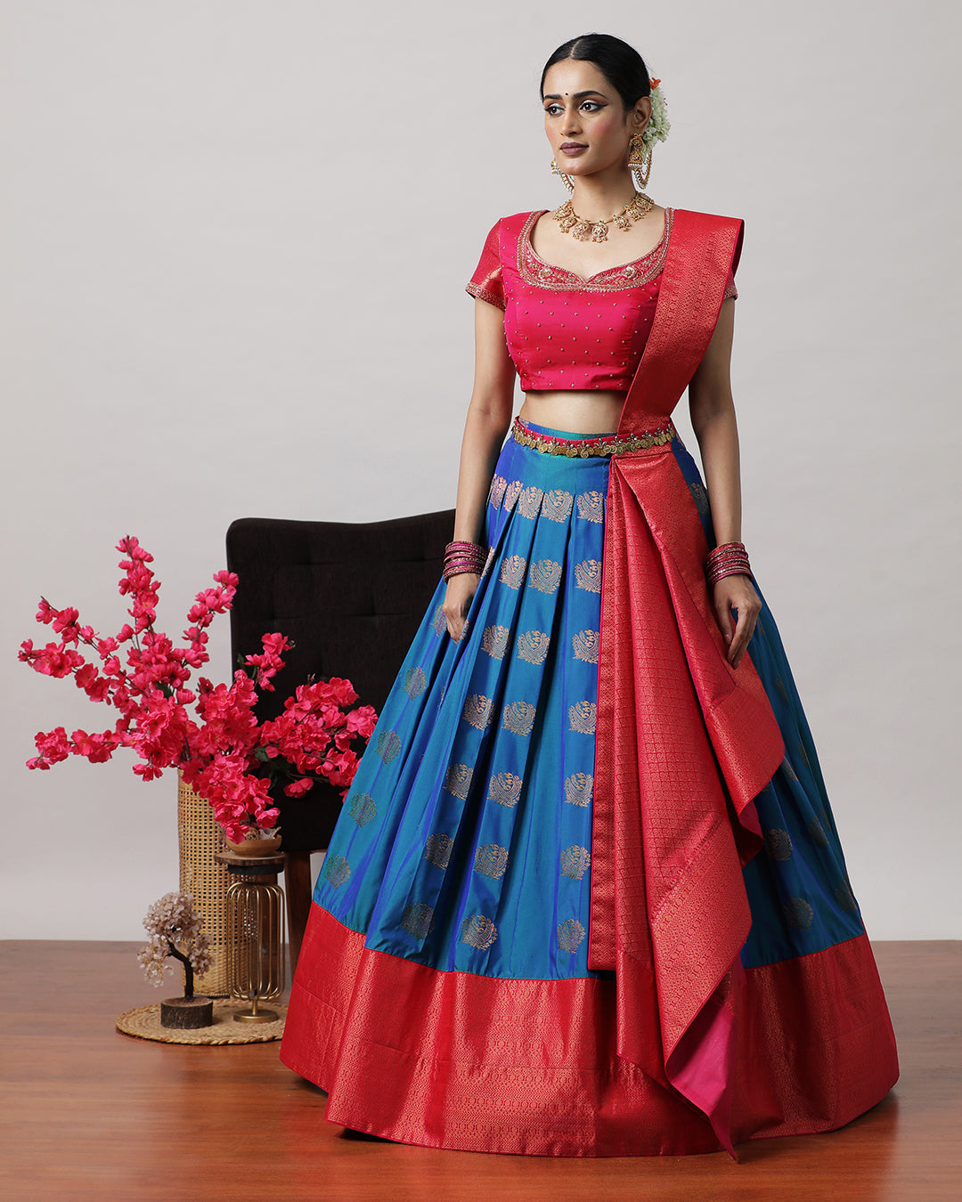 Navy Blue & Pink Pre-Draped Lehenga Set