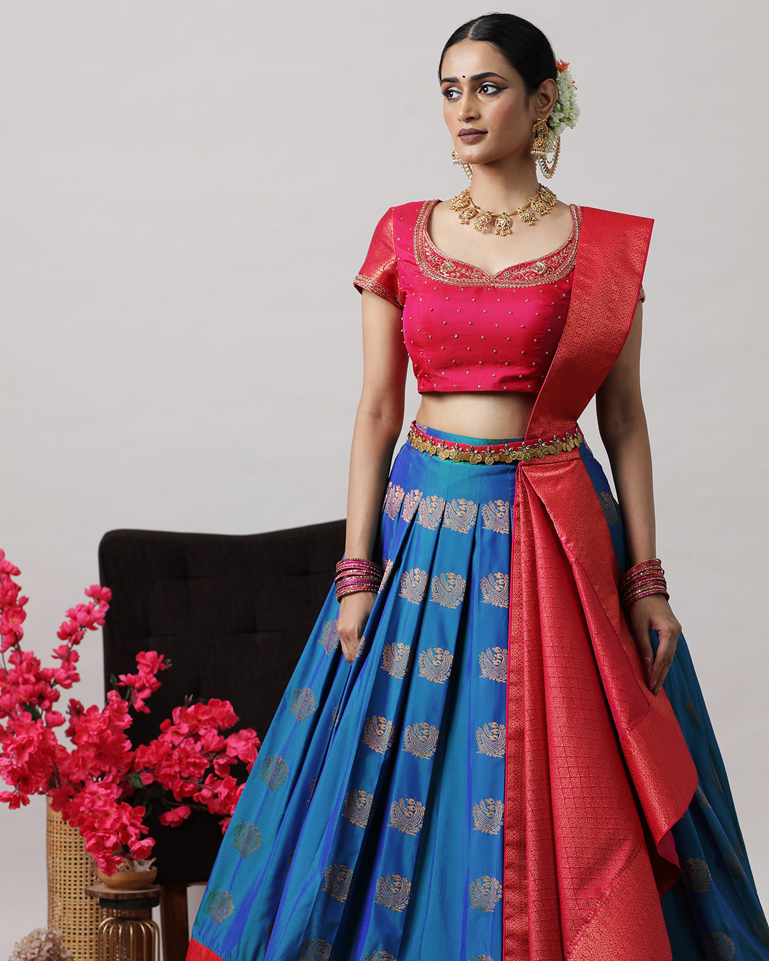 Navy Blue & Pink Pre-Draped Lehenga Set