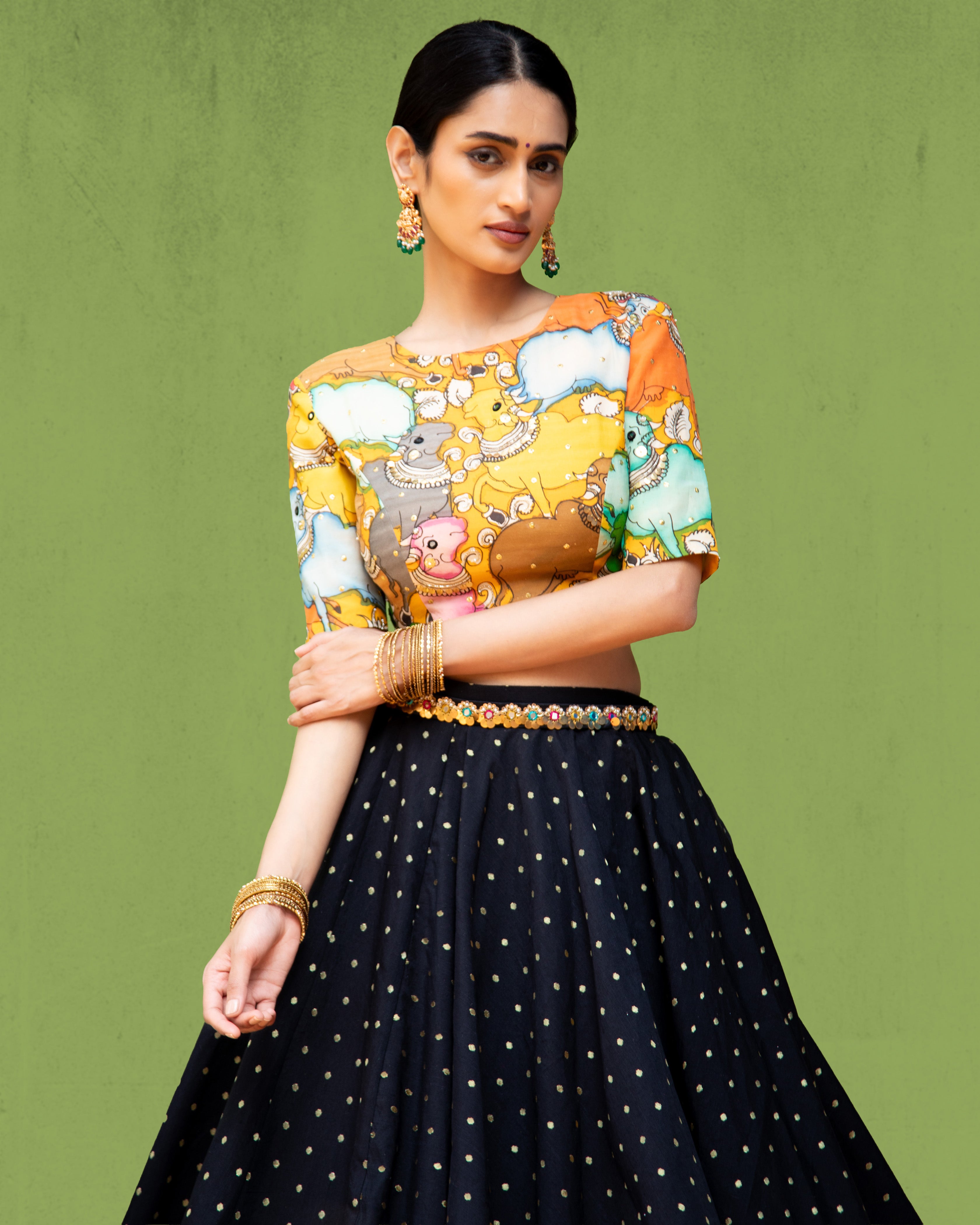 Black Asymmetric Skirt with Kalamkari Blouse