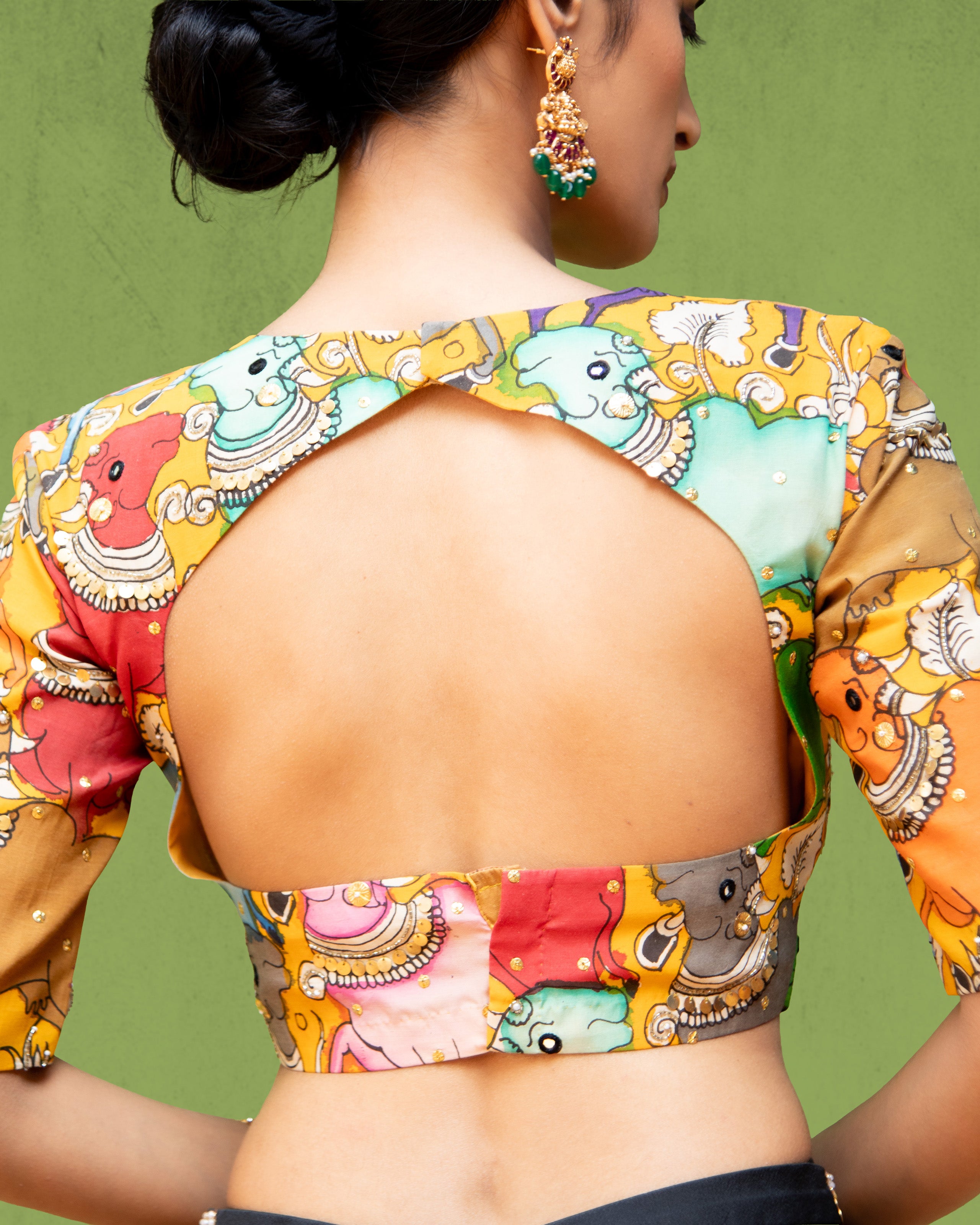 Black Asymmetric Skirt with Kalamkari Blouse