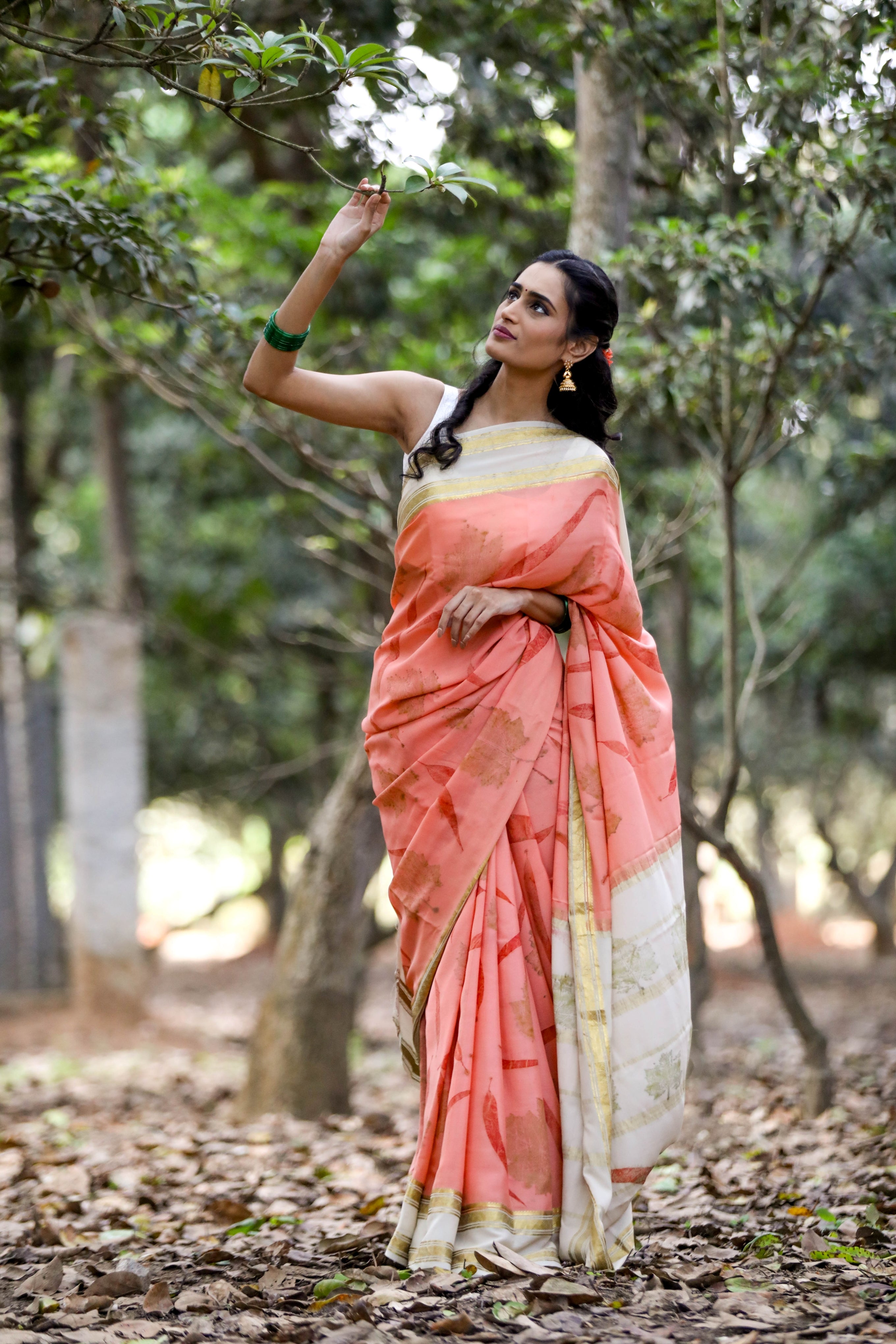 Pure Mysore Silk Crepe - Peach Eco-Print Saree with Leaf Motifs