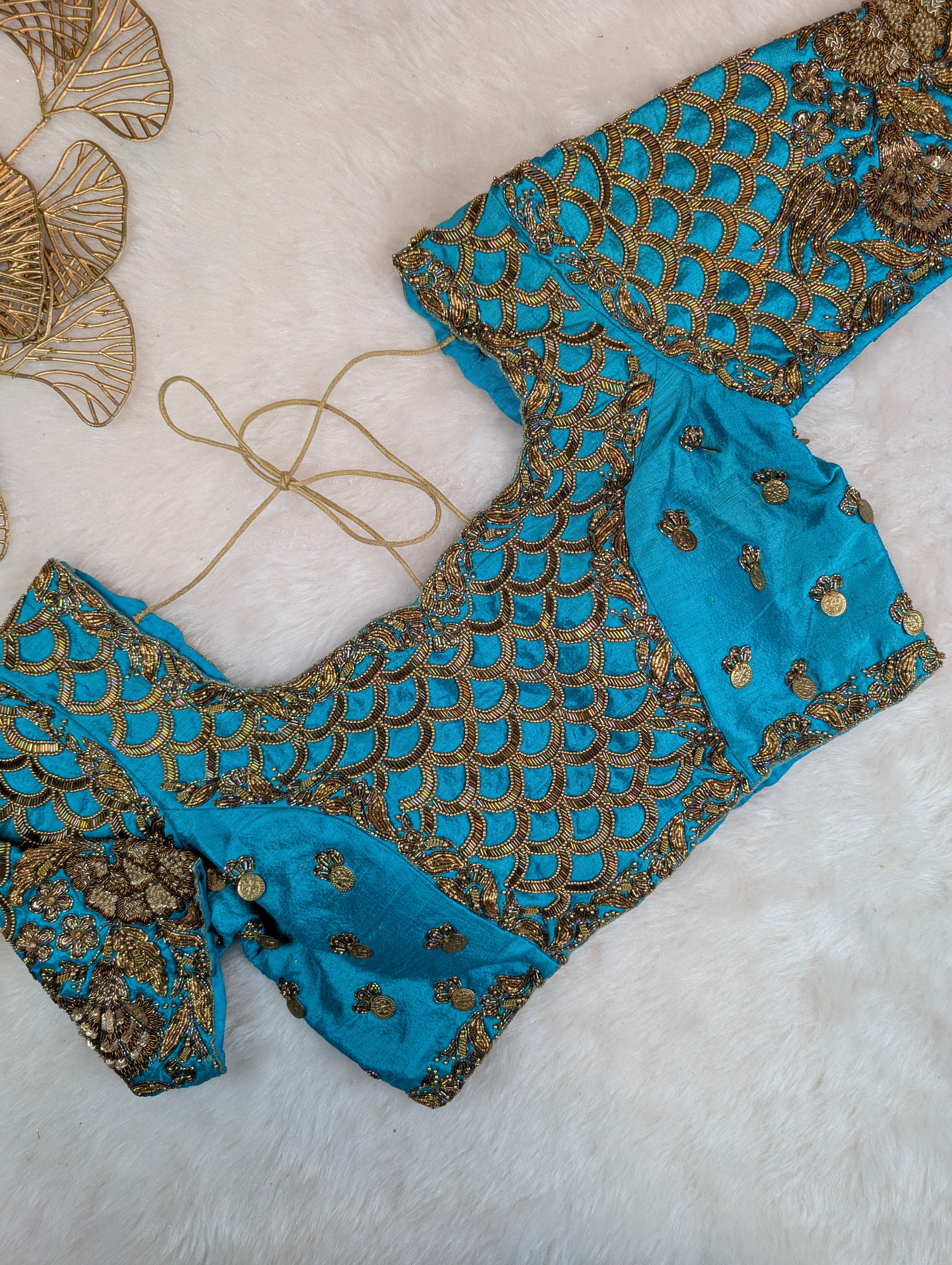 Turquoise Blue Blouse with Antique Zardosi and Coin Embroidery