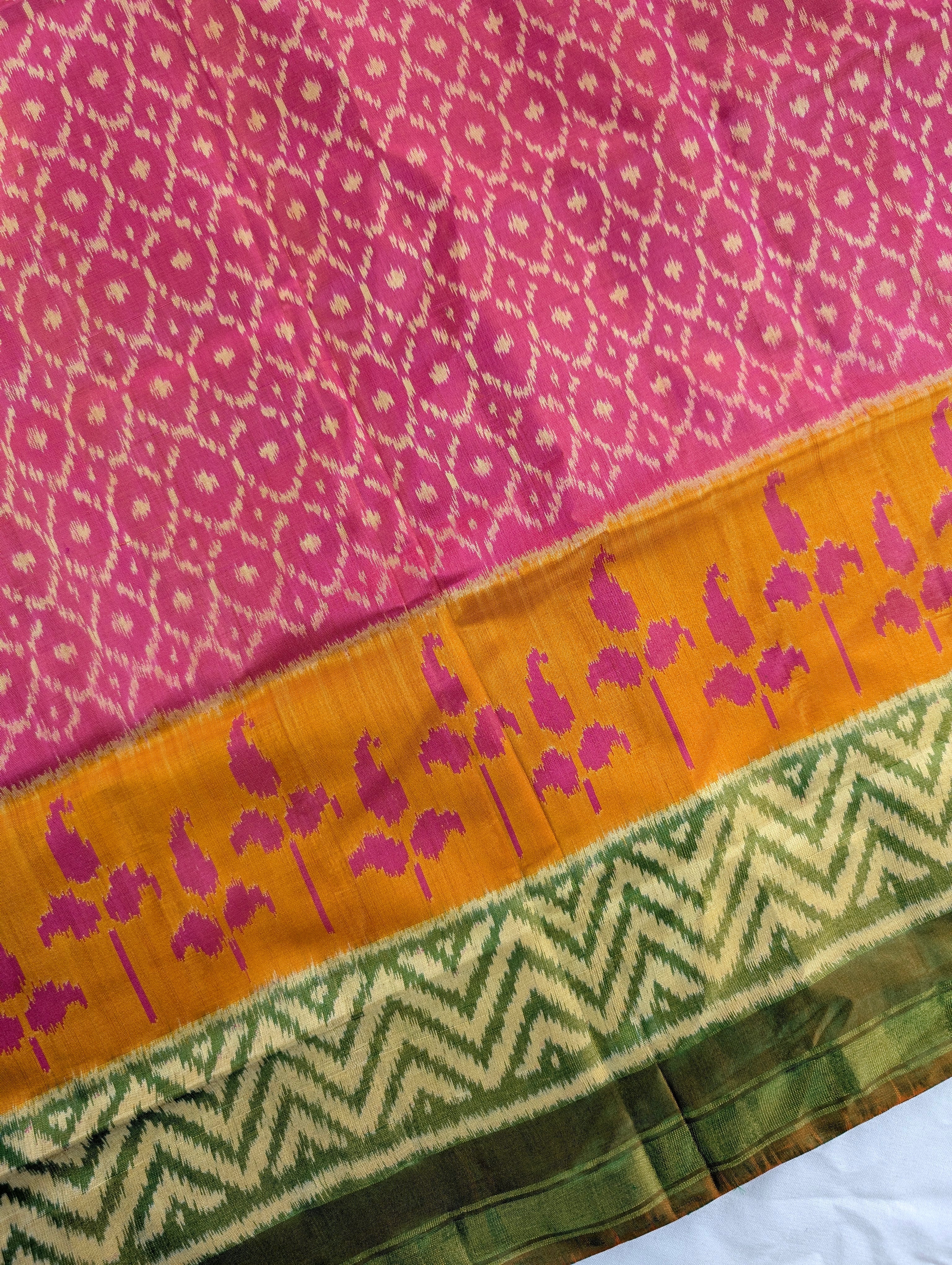 Handloom Patola Pure Silk Saree X Pink with Mustard & Green Border