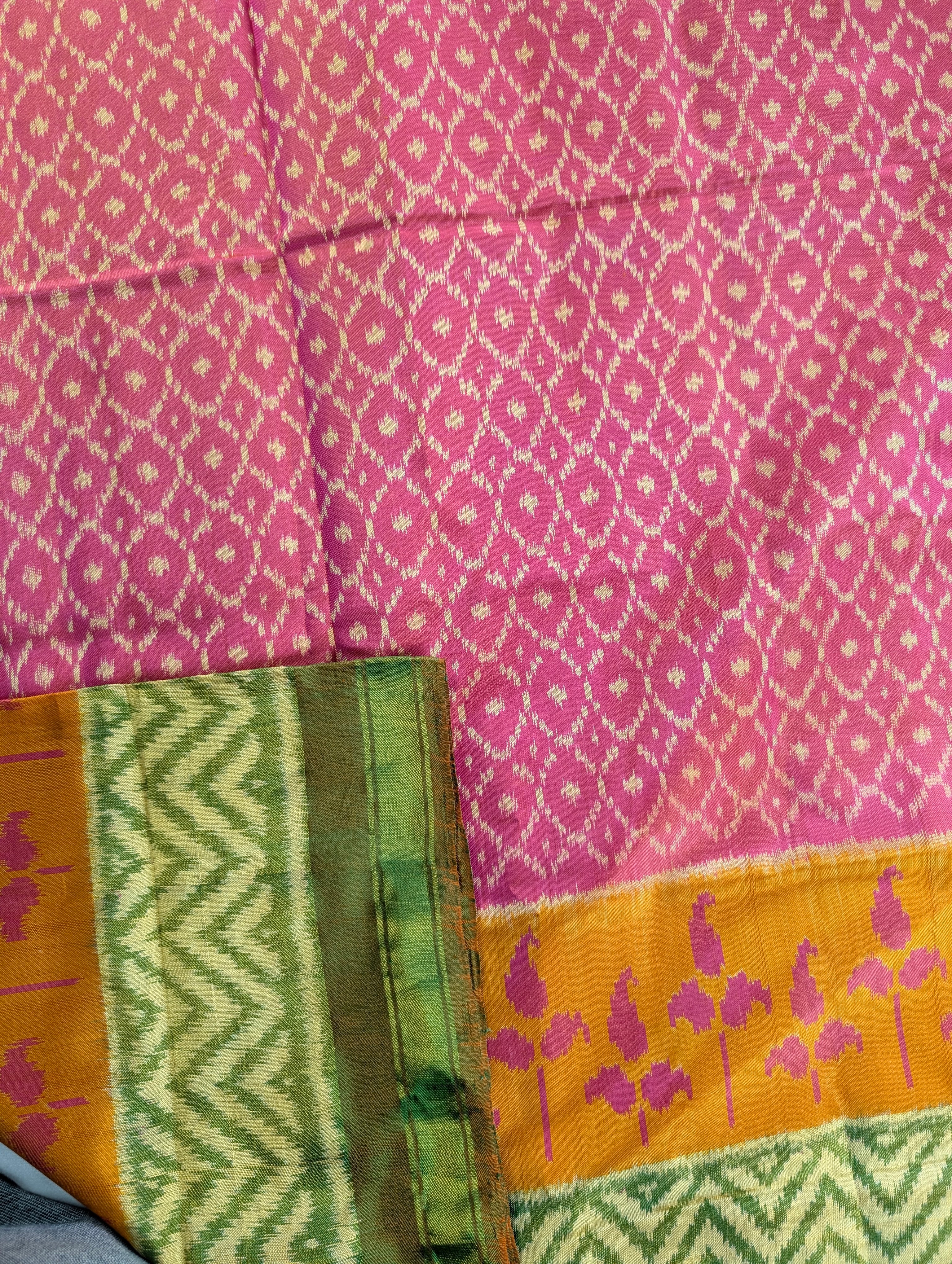 Handloom Patola Pure Silk Saree X Pink with Mustard & Green Border