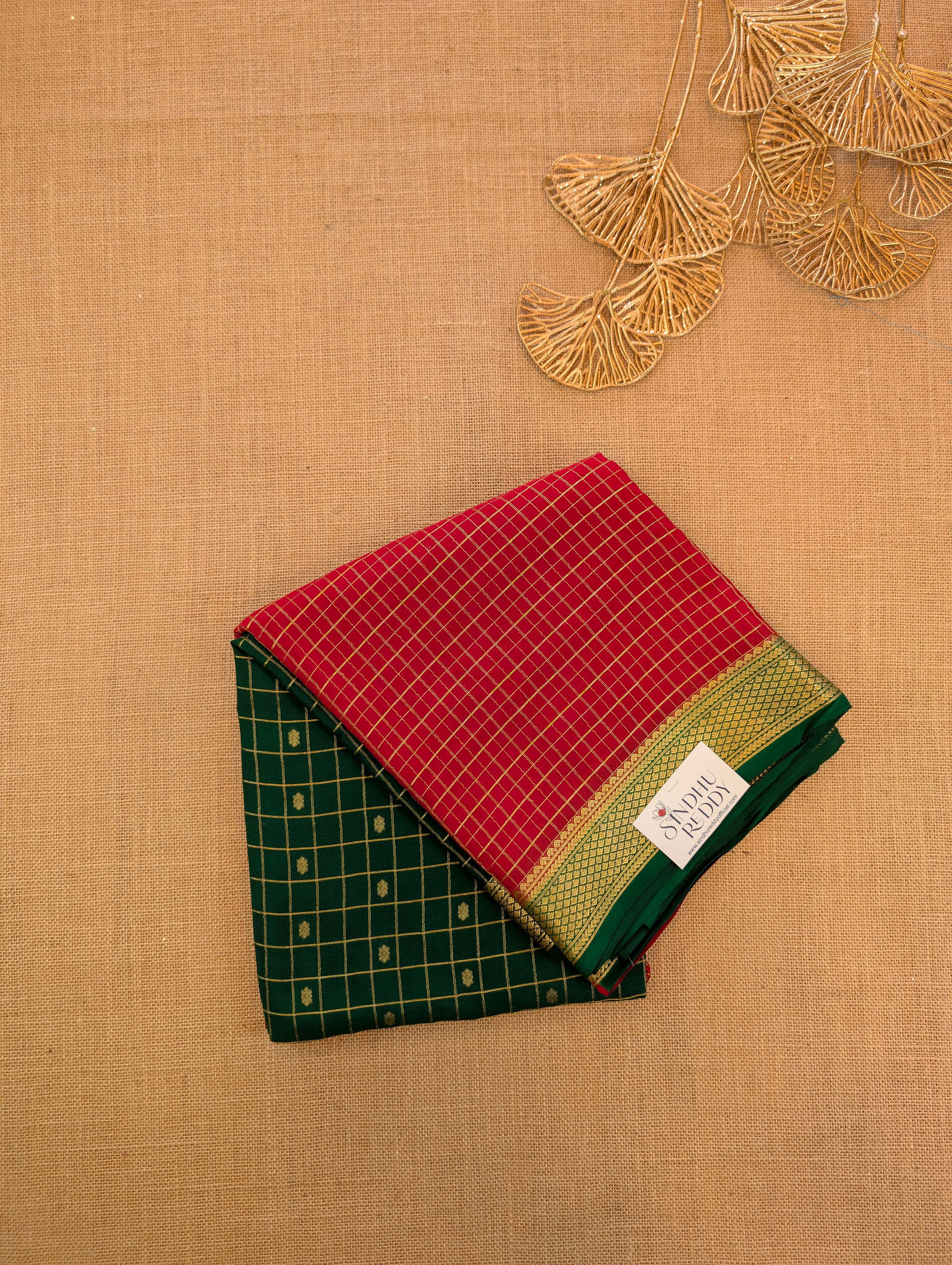 Pure Mysore Silk Crepe - Red with Green Half & Half Pattern