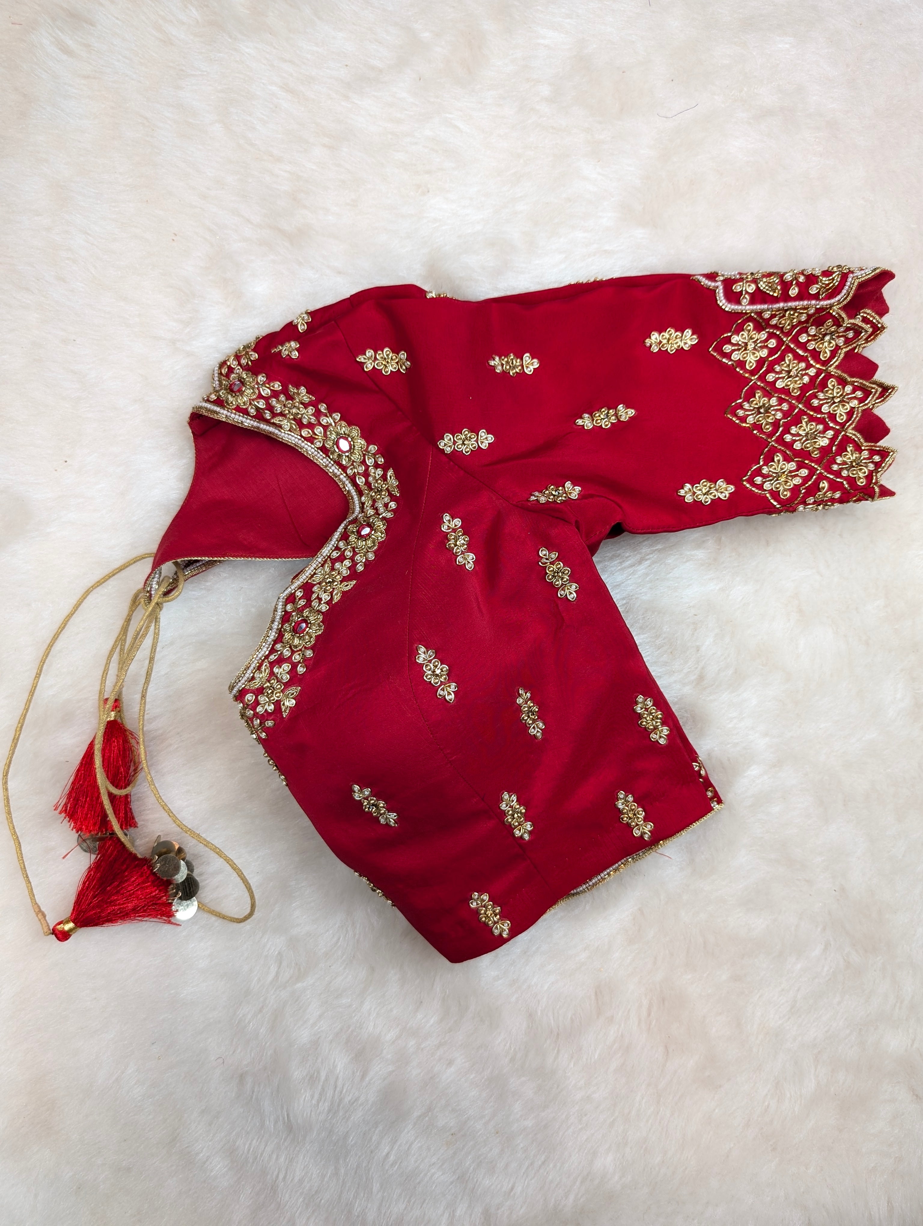 Elegant Red Hand Embroidered Embroidered Elbow-Sleeve Blouse