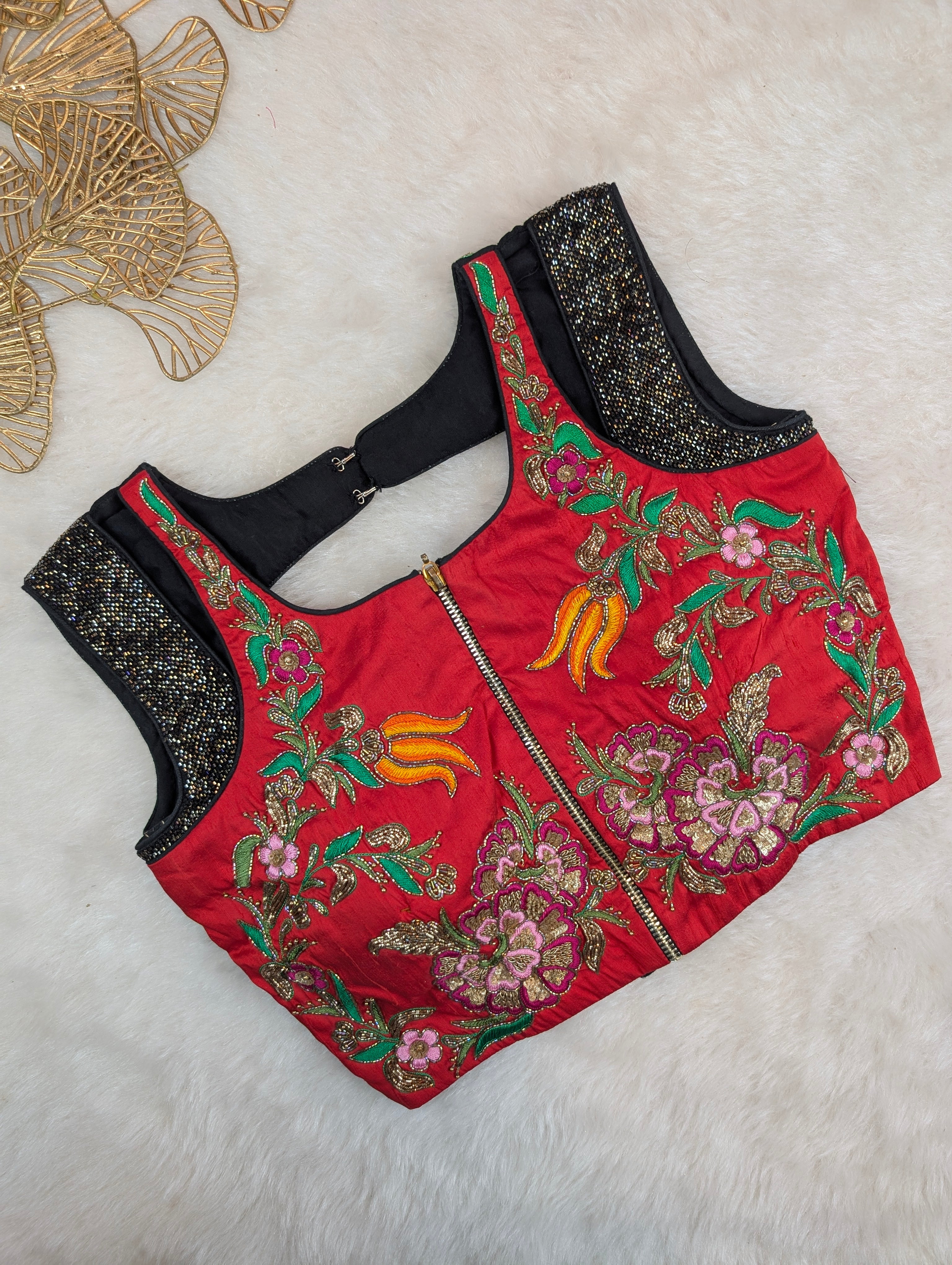 Red Multicolor Embroidered Sleeveless Blouse