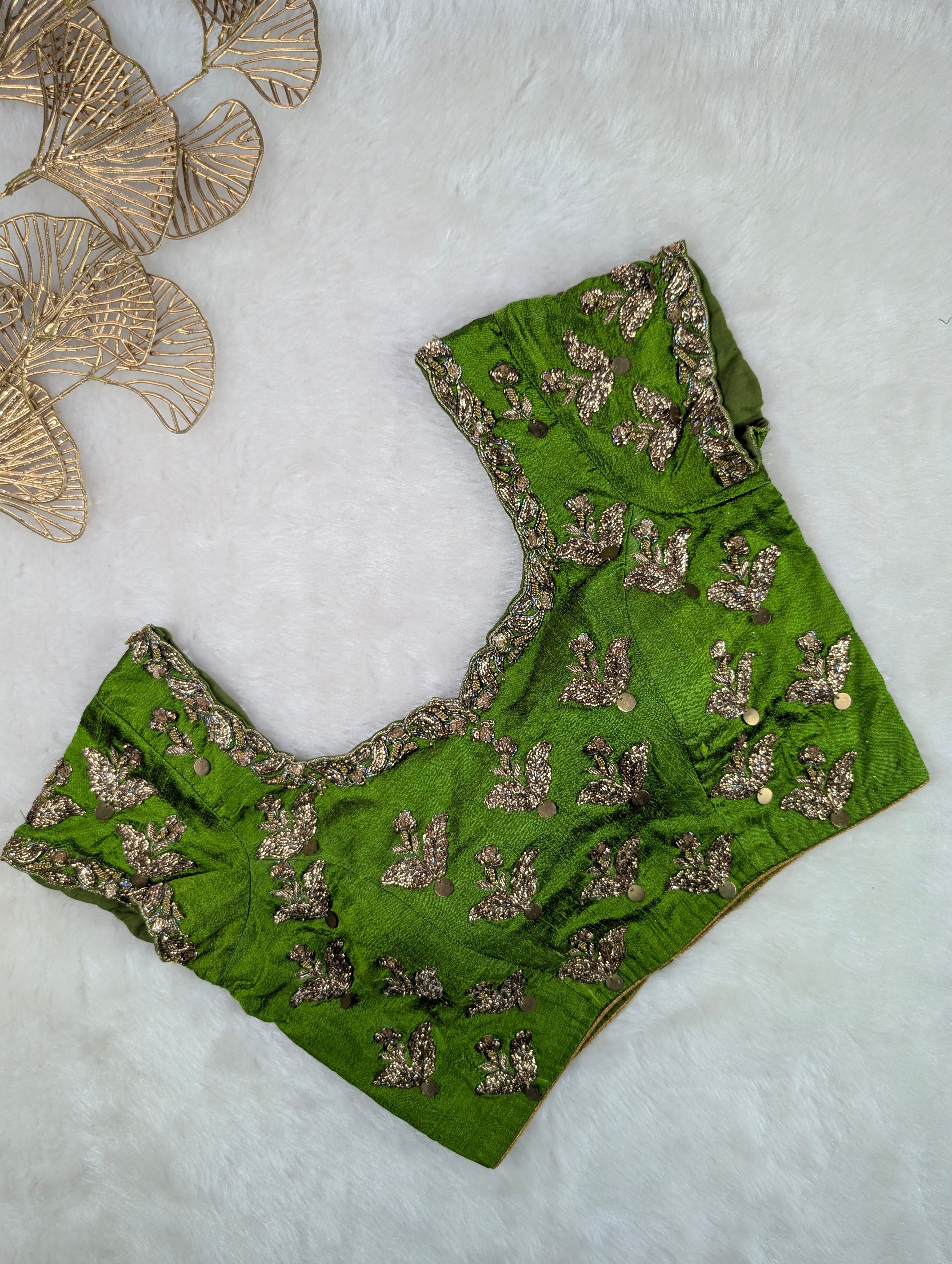 Green Silk Blouse with Zardozi Embroidery
