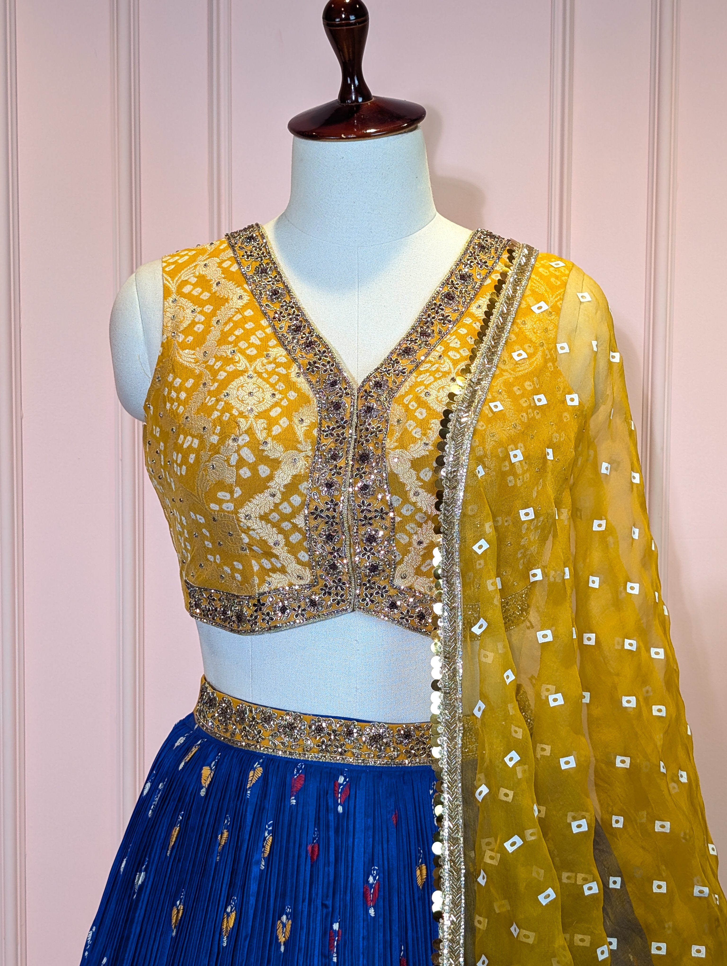 Yellow Bandhani Blouse & Kantha Embroidered Lehenga Set