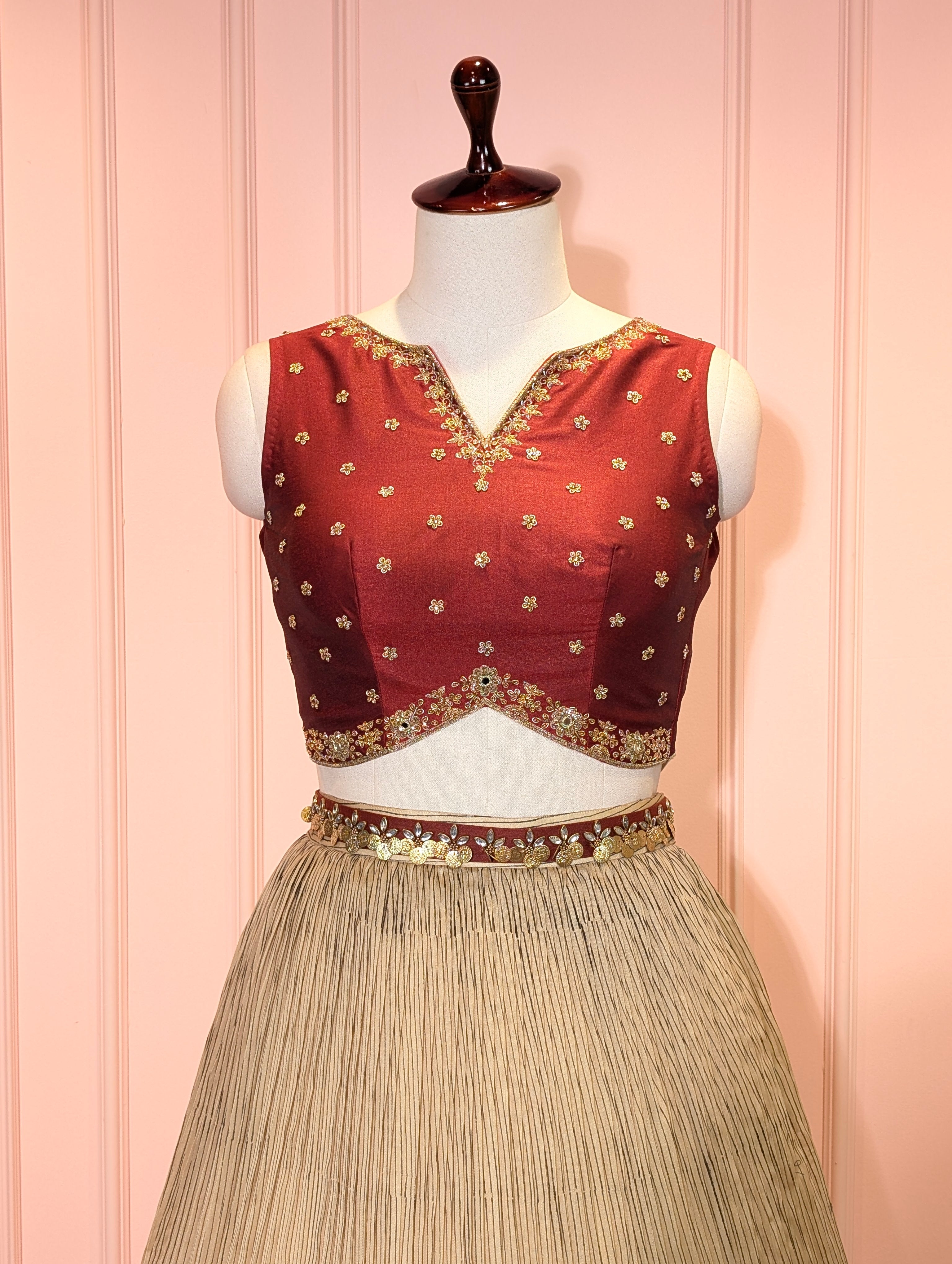 Maroon & Beige Embroidered Crop Top Skirt