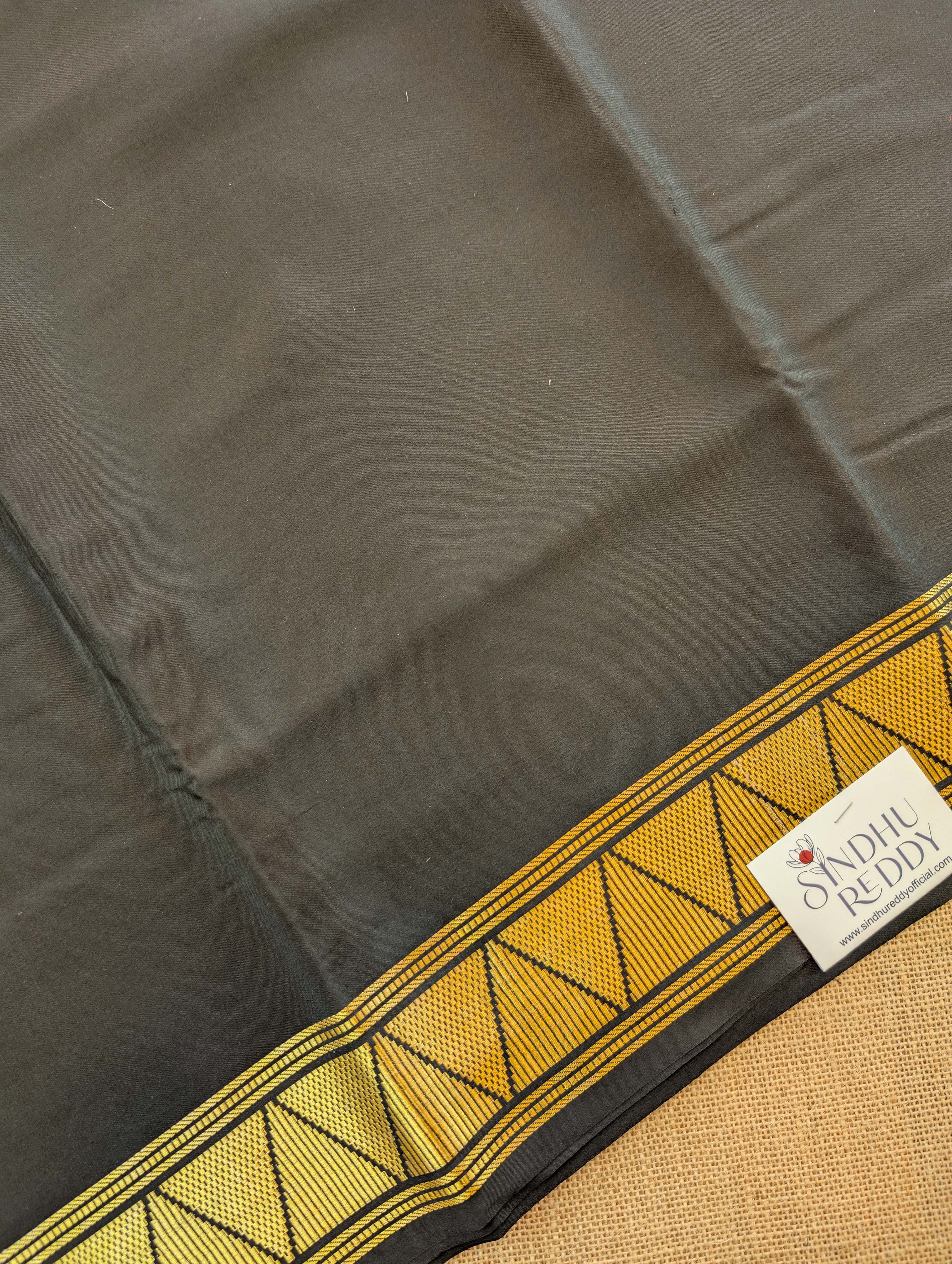 Pure Mysore Silk Crepe - Black with Orange Half & Half Pattern