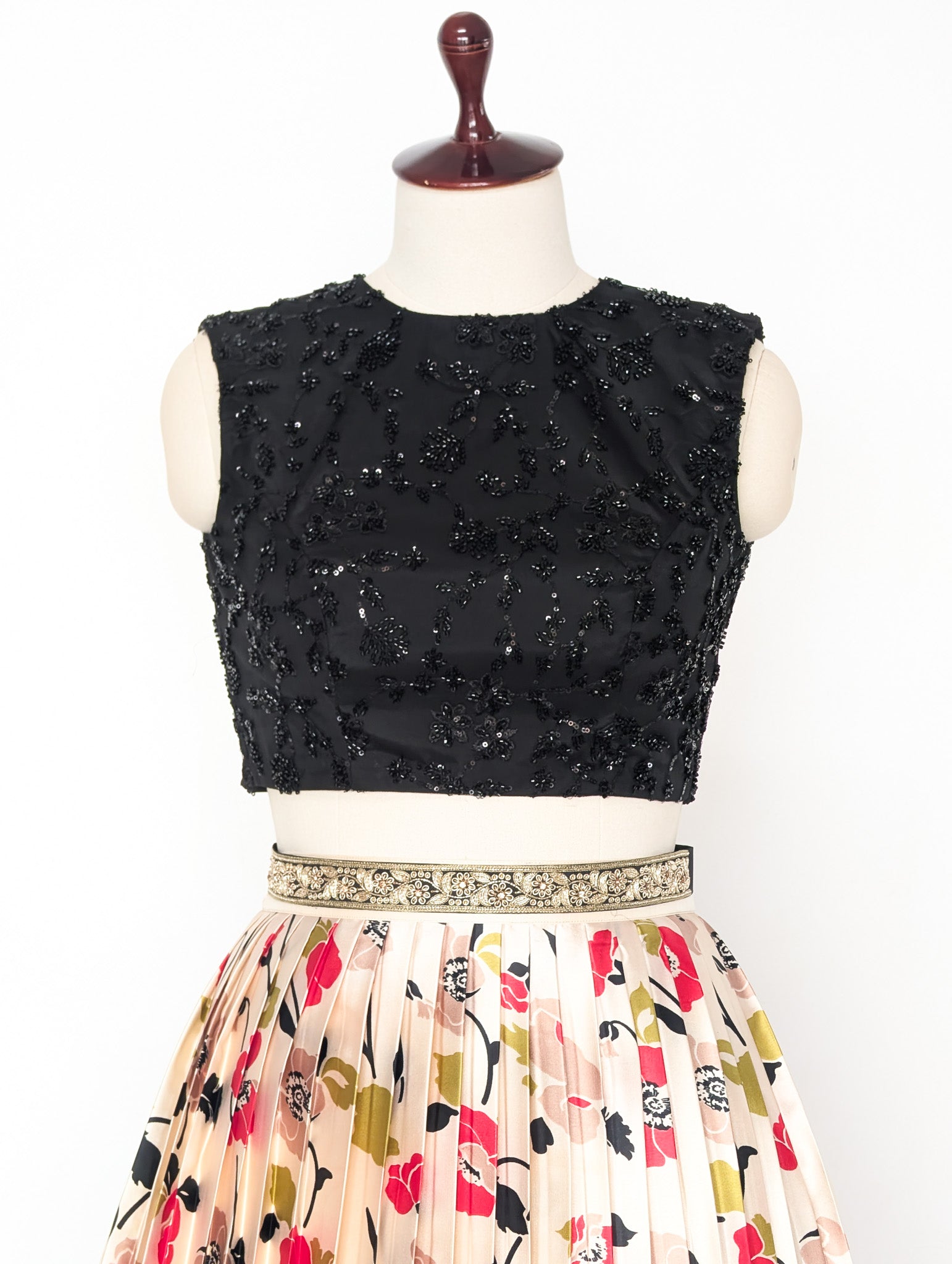 Chic Black Floral Pleated Lehenga