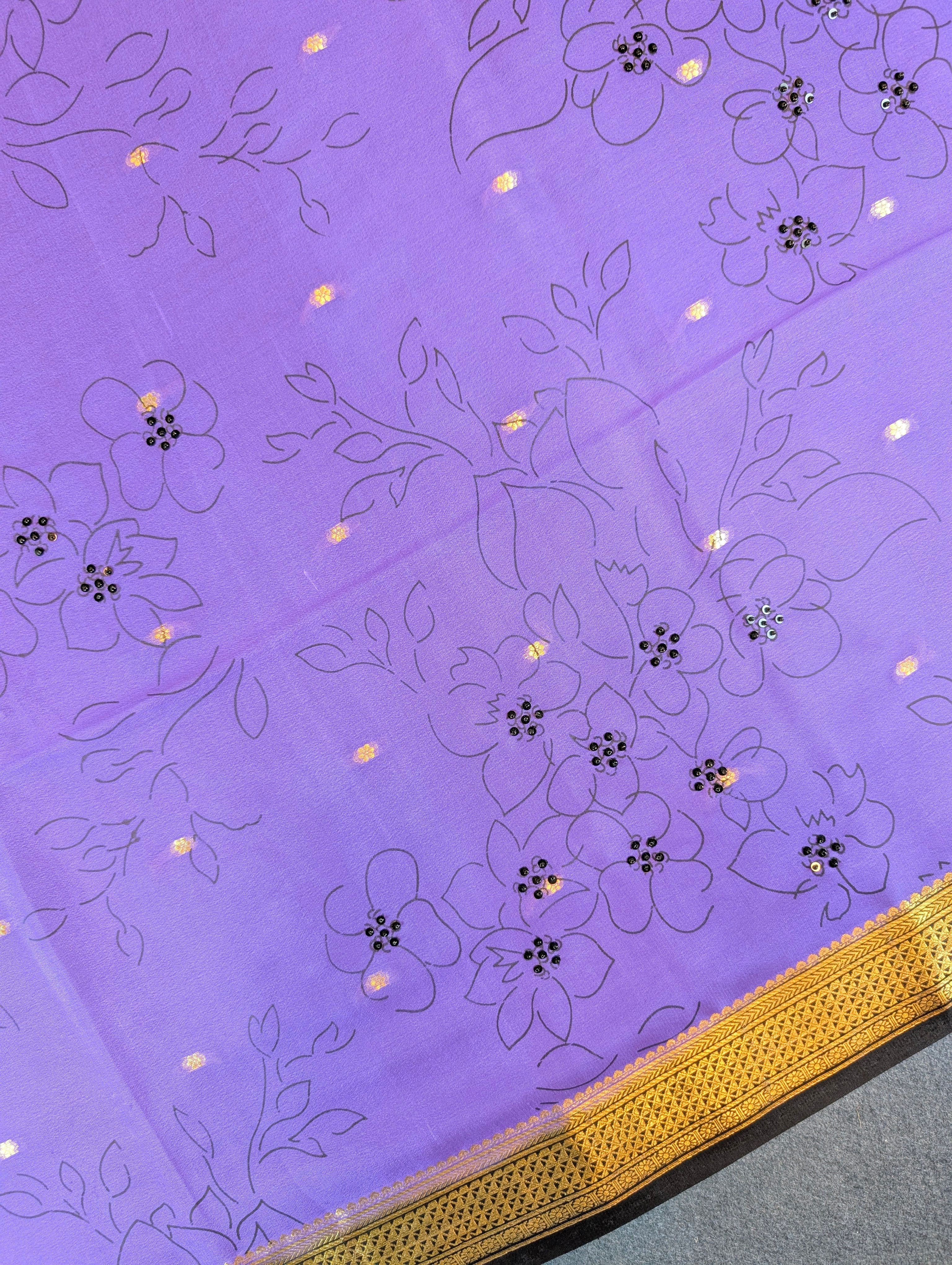 Pure Mysore Silk Crepe - Graceful Purple Floral Saree