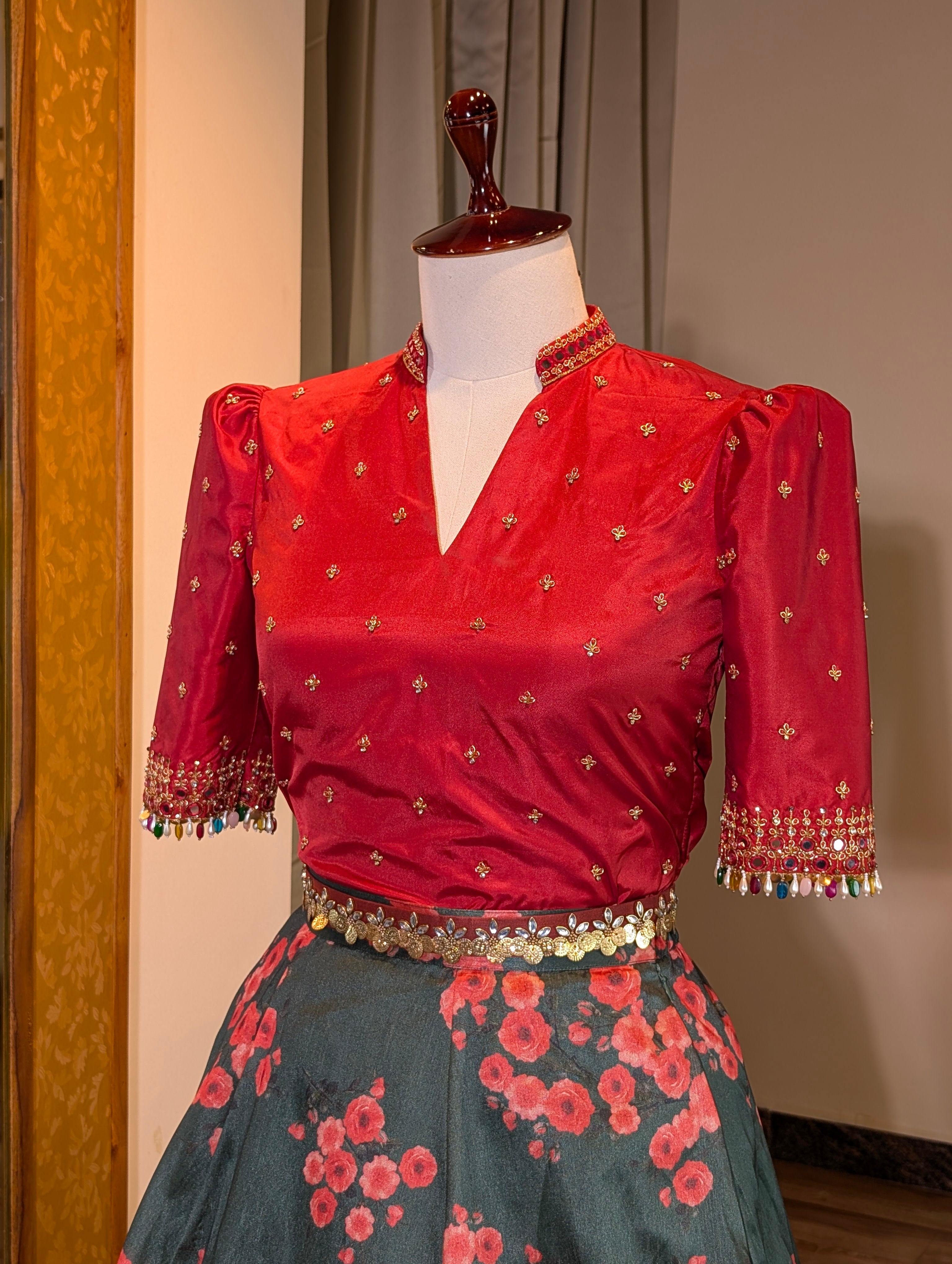 Floral Charm Green & Red Lehenga