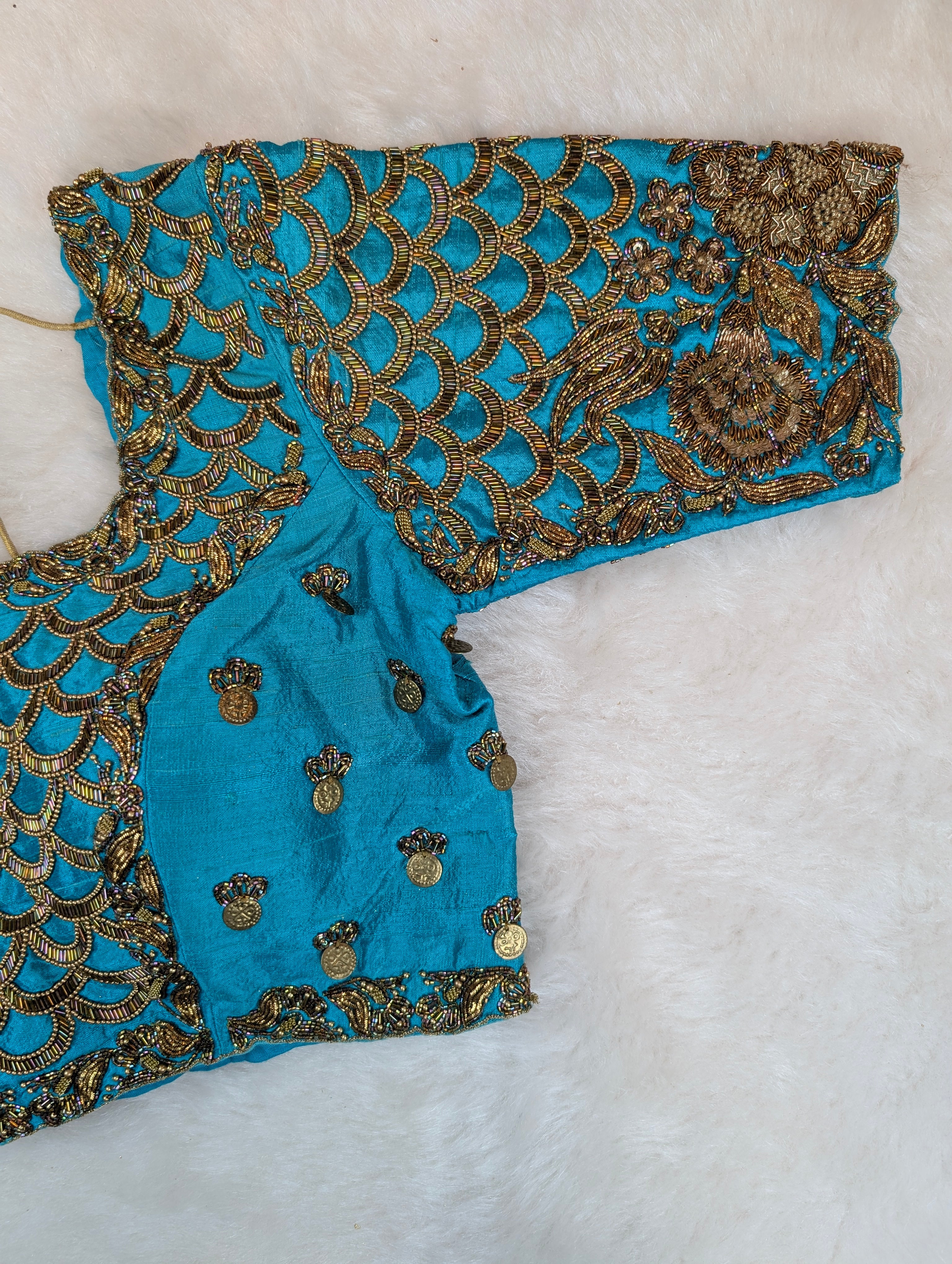 Turquoise Blue Blouse with Antique Zardosi and Coin Embroidery