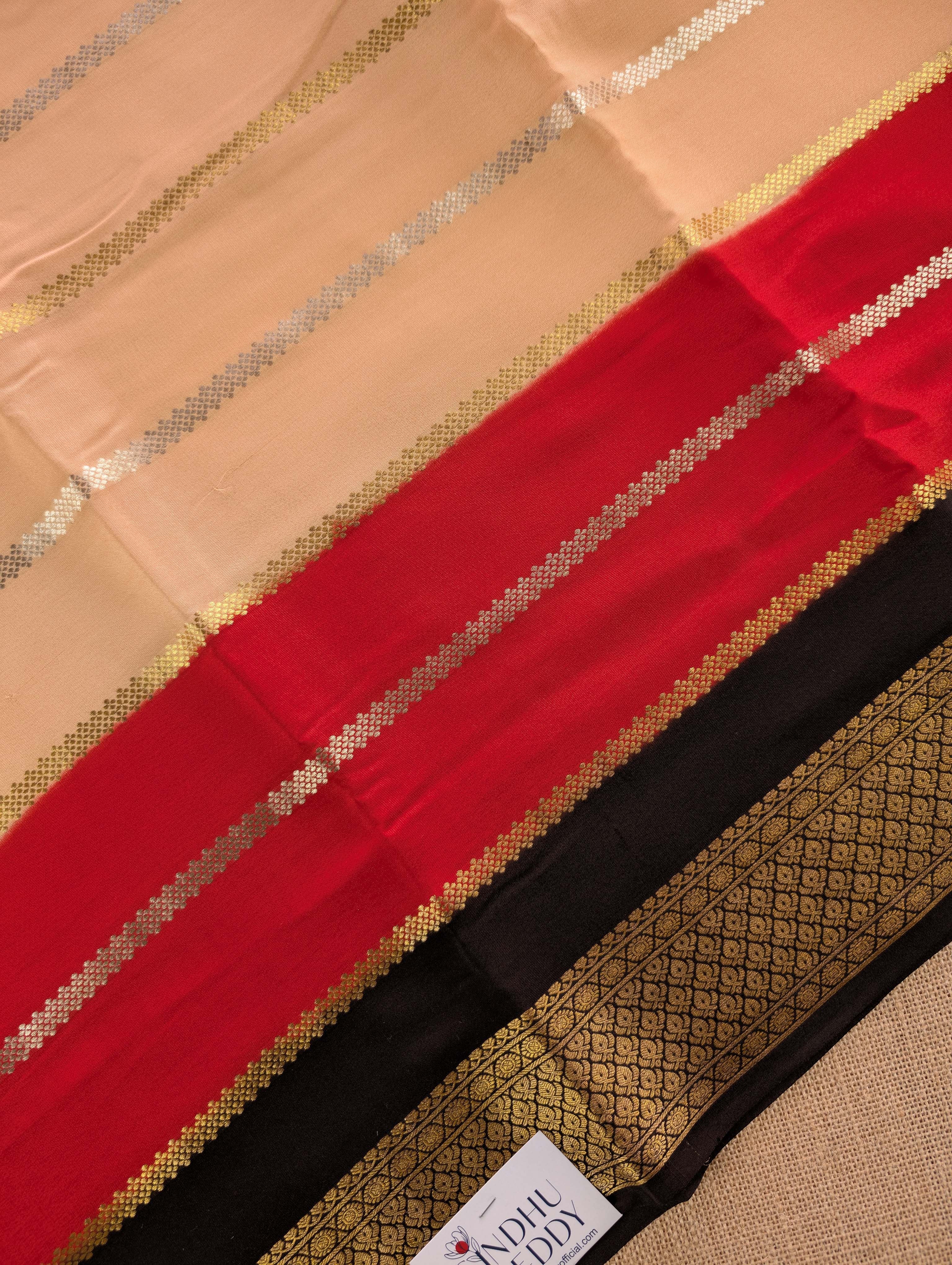 Pure Mysore Silk Crepe - Light Brown with Red & Black 3D Pattern