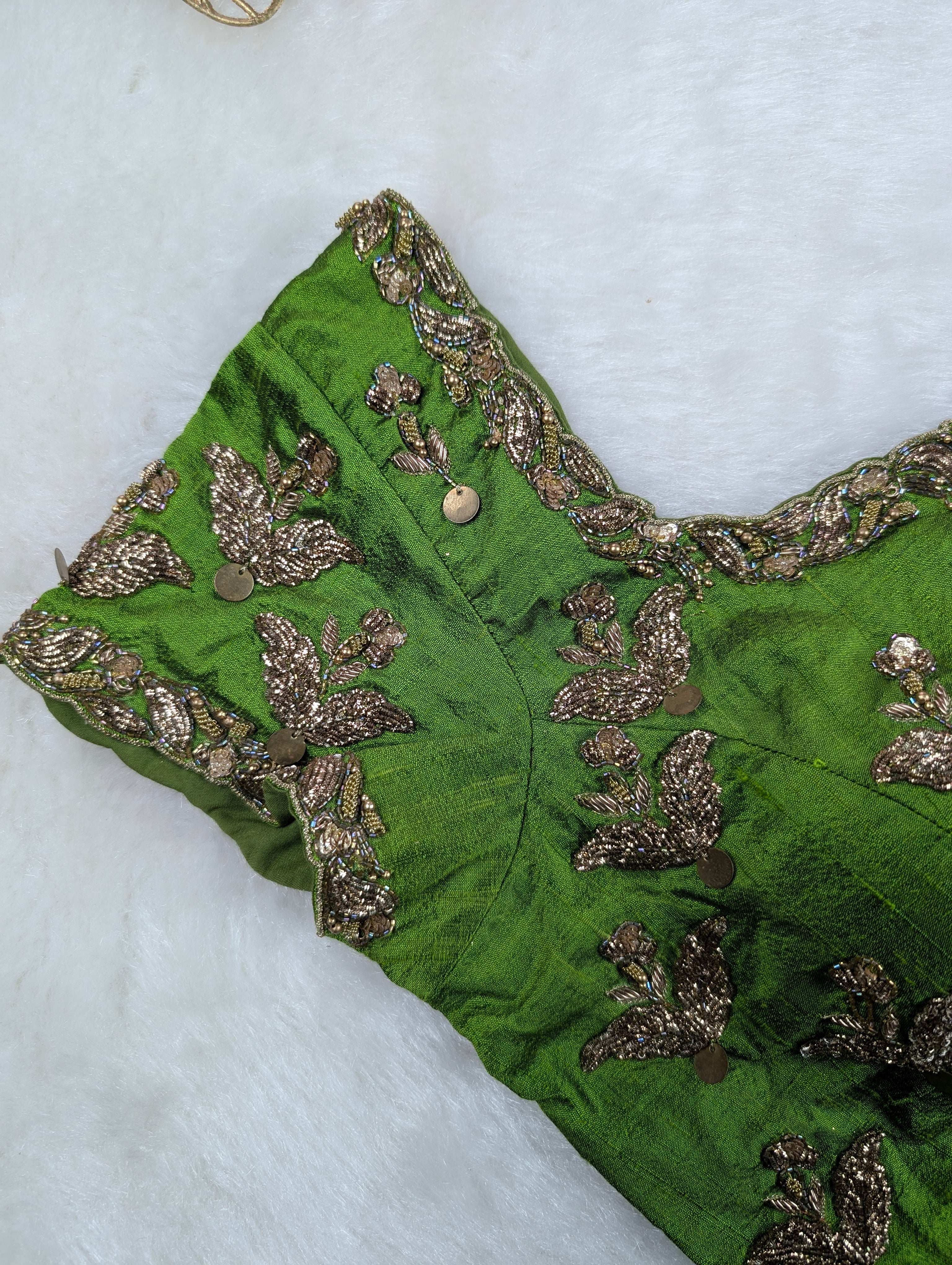 Green Silk Blouse with Zardozi Embroidery