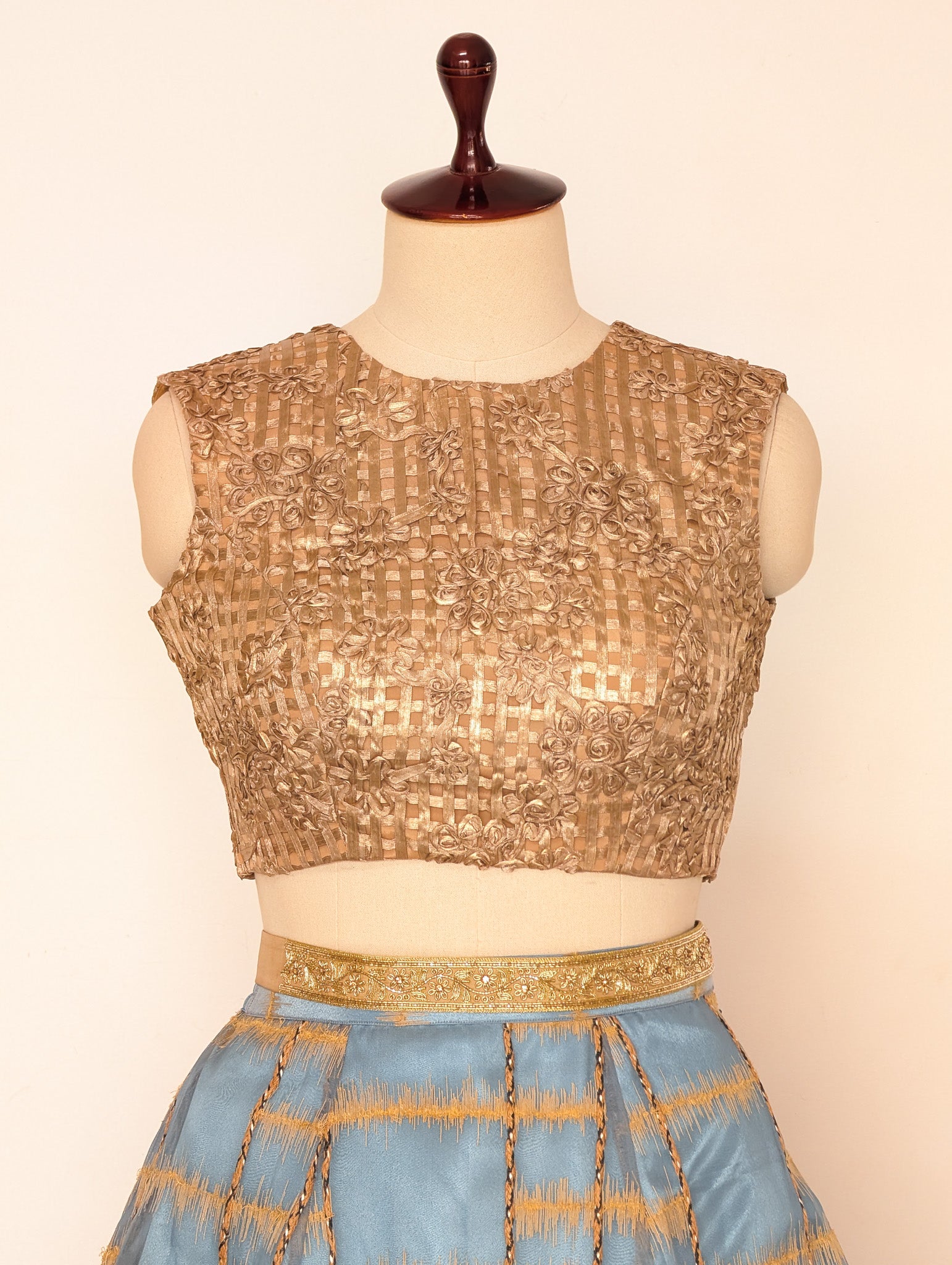 Powder Blue Skirt w/t Gold pattern blouse