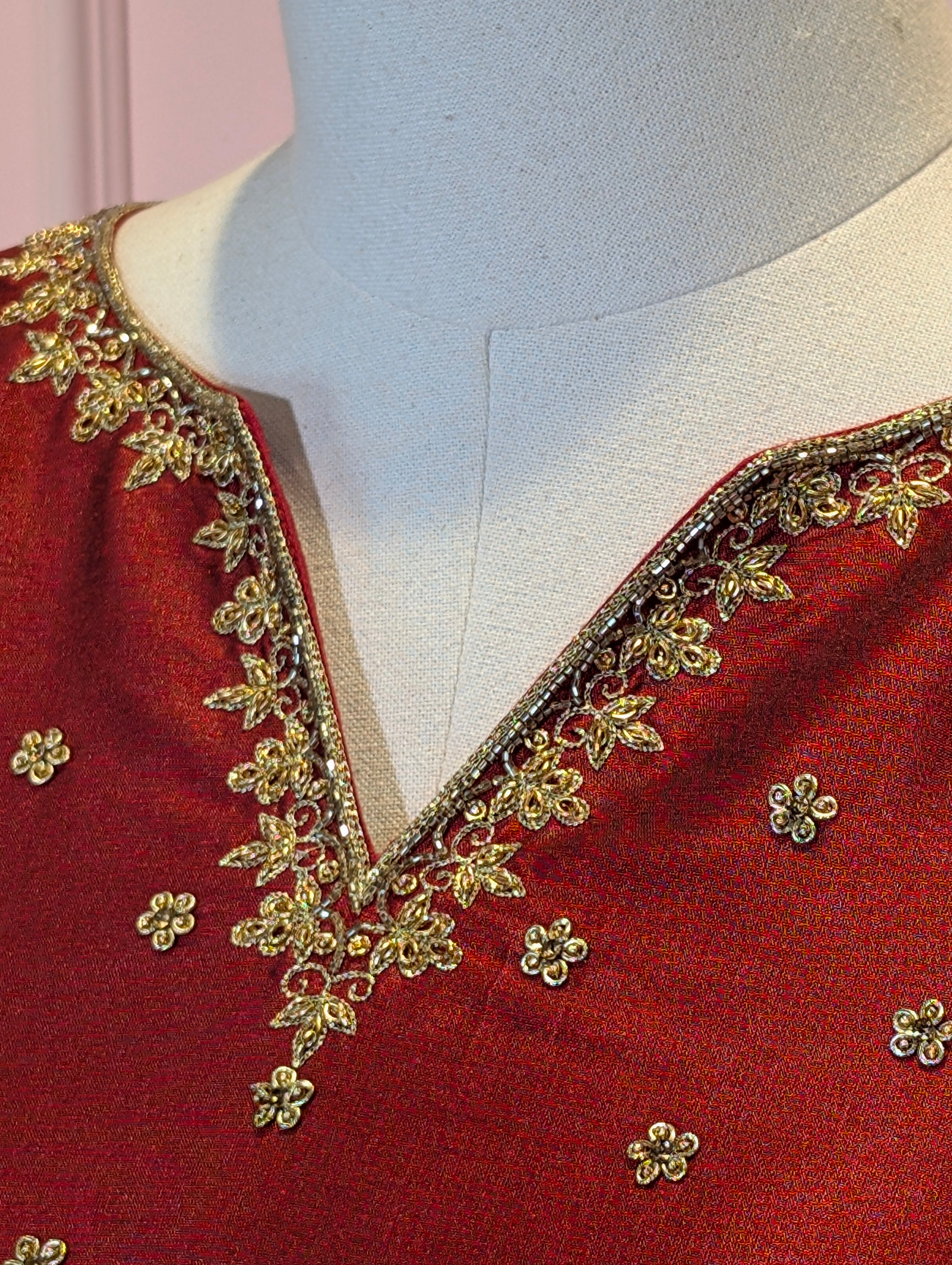 Maroon & Beige Embroidered Crop Top Skirt