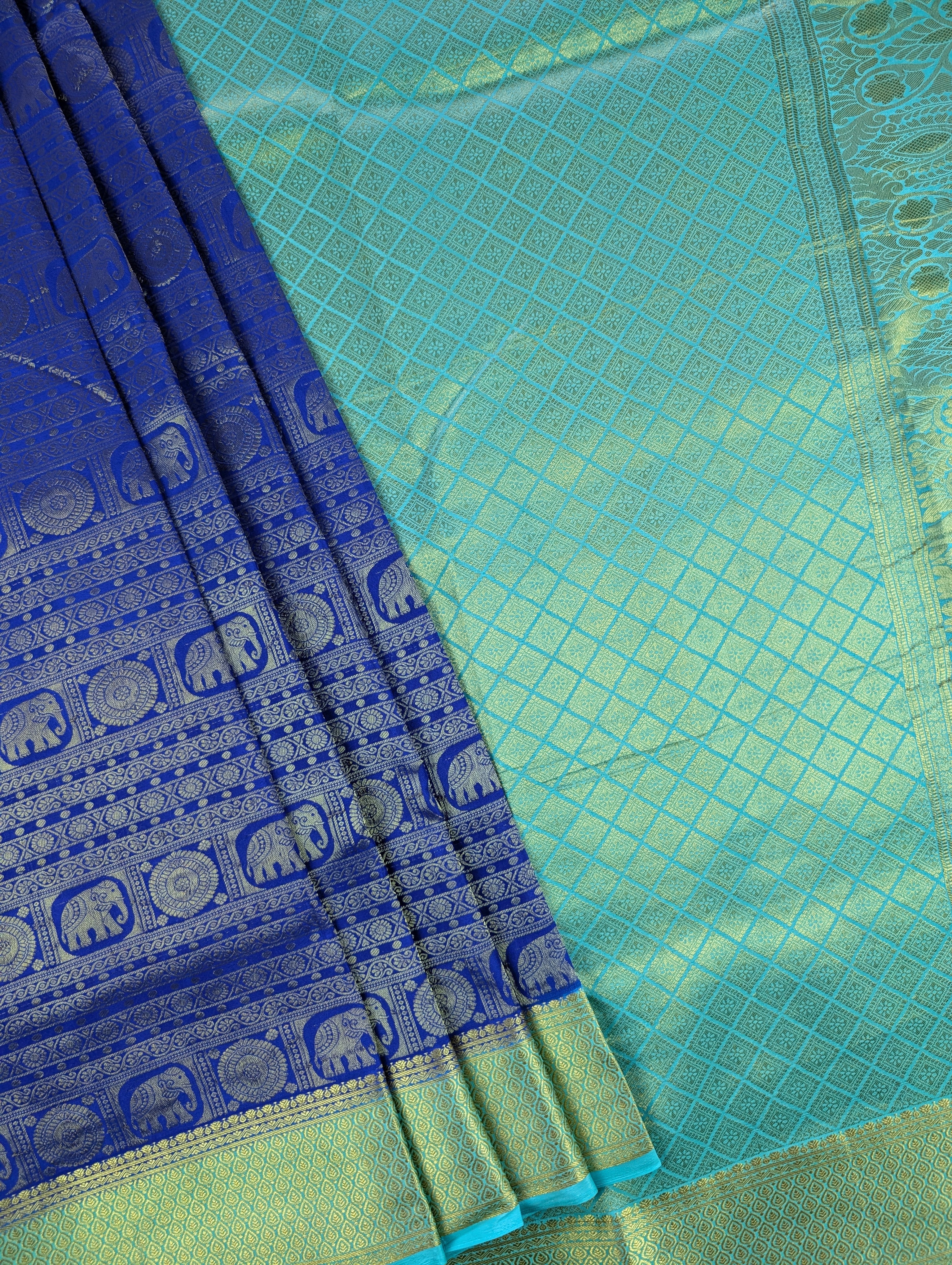 Pure Mysore Silk Crepe Brocade - Blue & Turquoise Blue