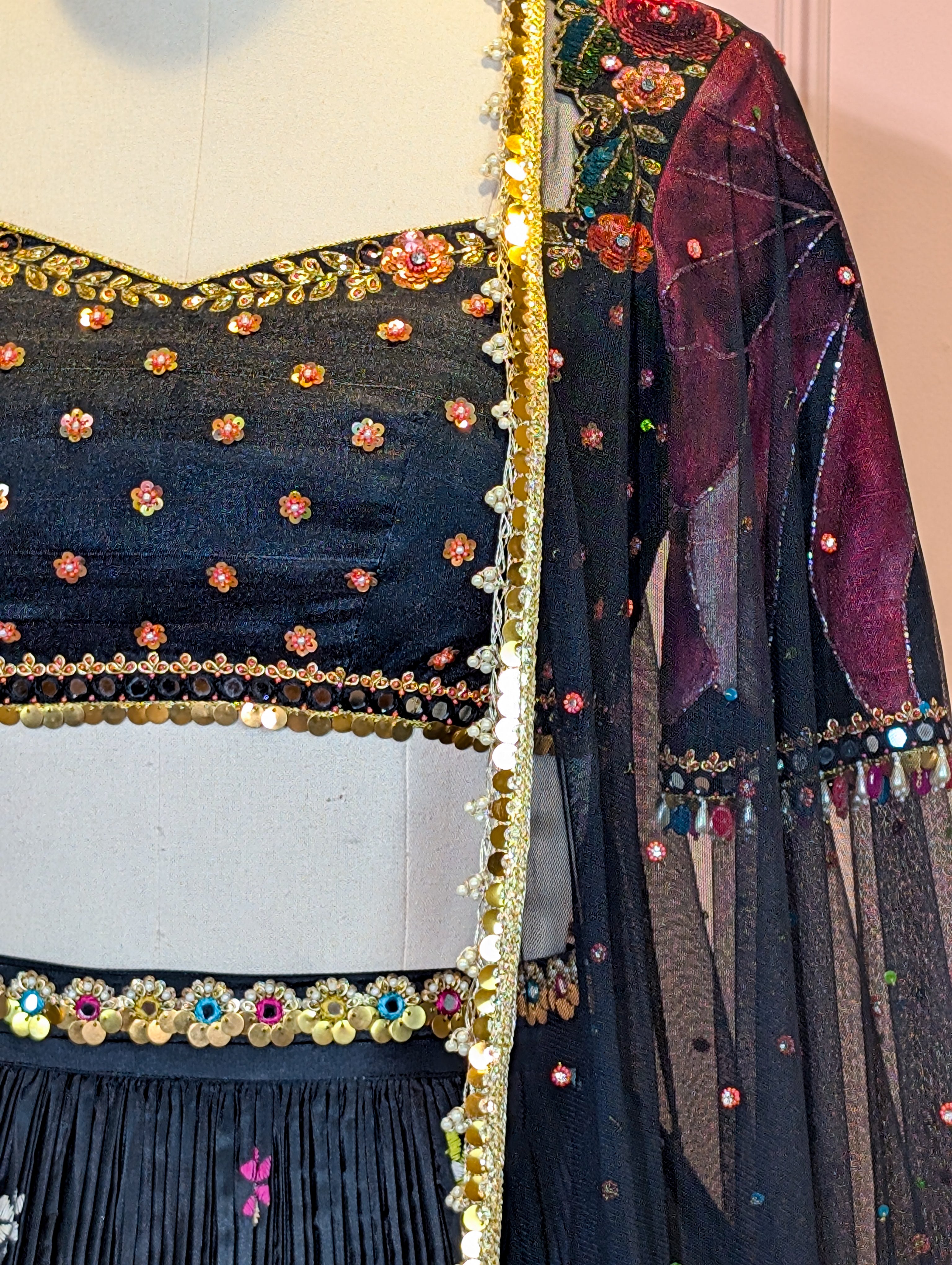 Black Kantha Embroidered Lehenga Set