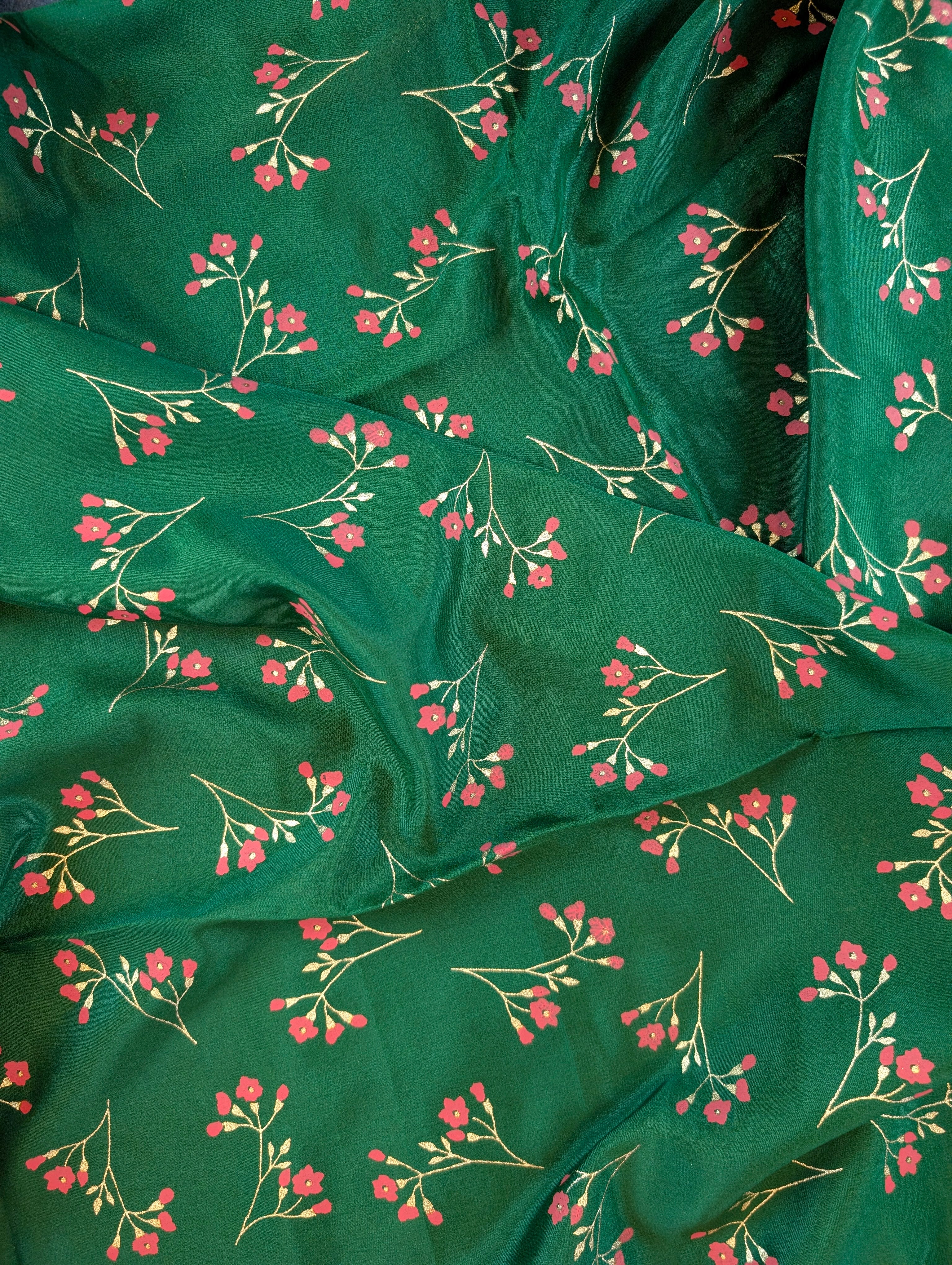 Pure Mysore Silk Crepe - Green with Red